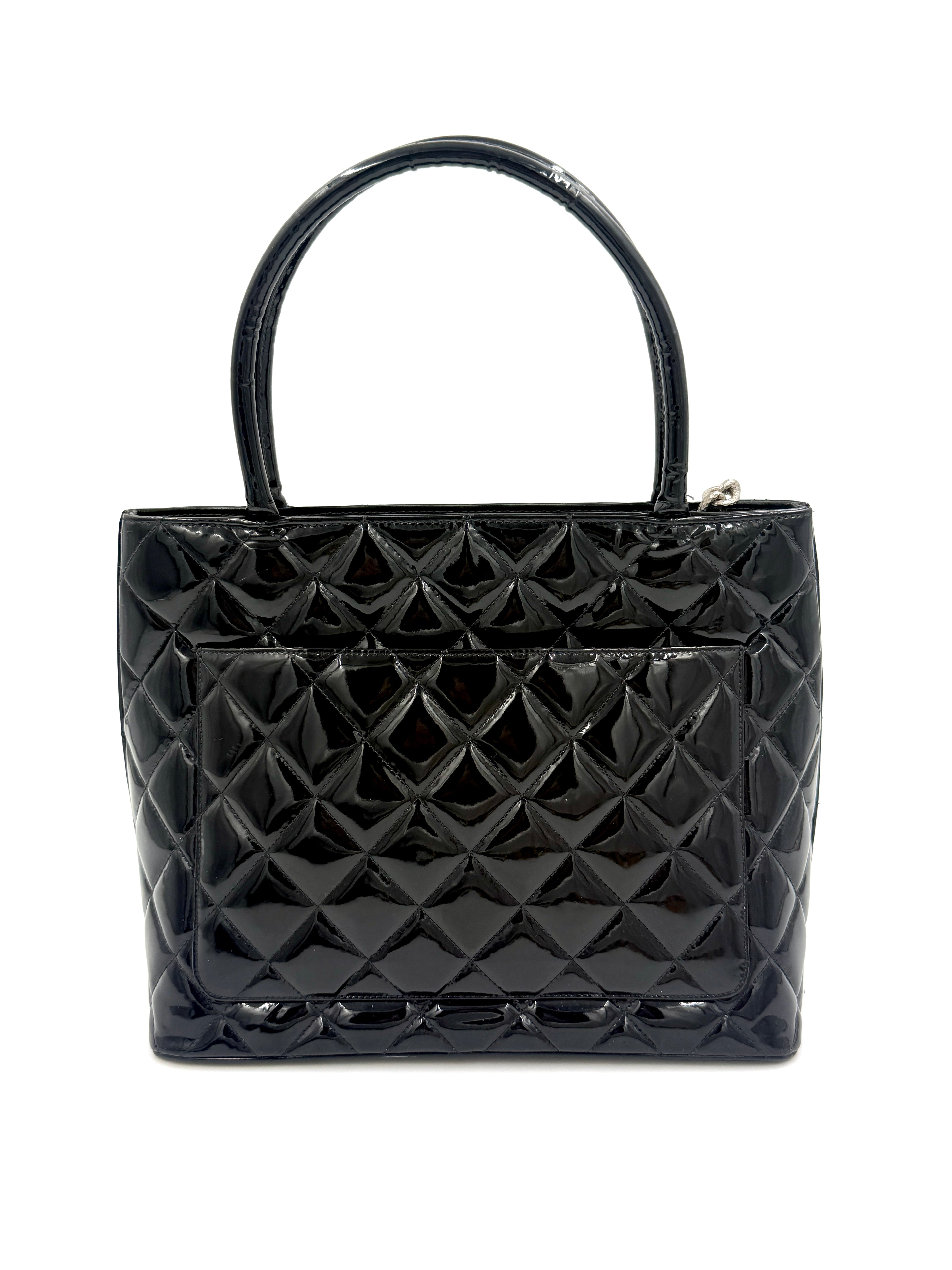 Chanel Black Quilted Patent Leather Medallion Tote Bag with Silver Hardware - Pre Owned Authentic