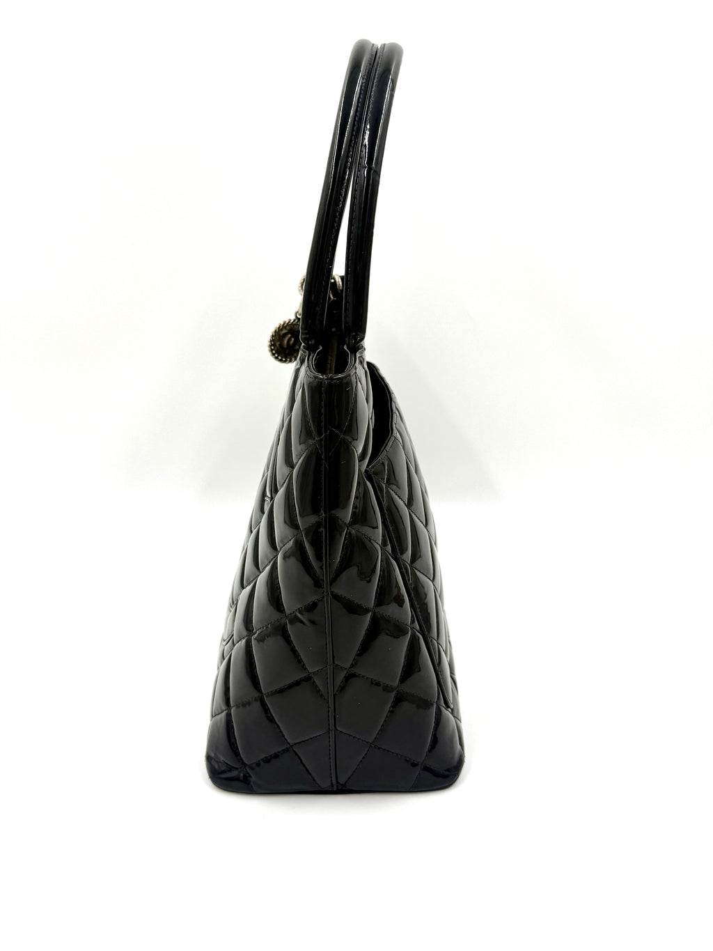 Chanel Black Quilted Patent Leather Medallion Tote Bag with Silver Hardware - Pre Owned Authentic