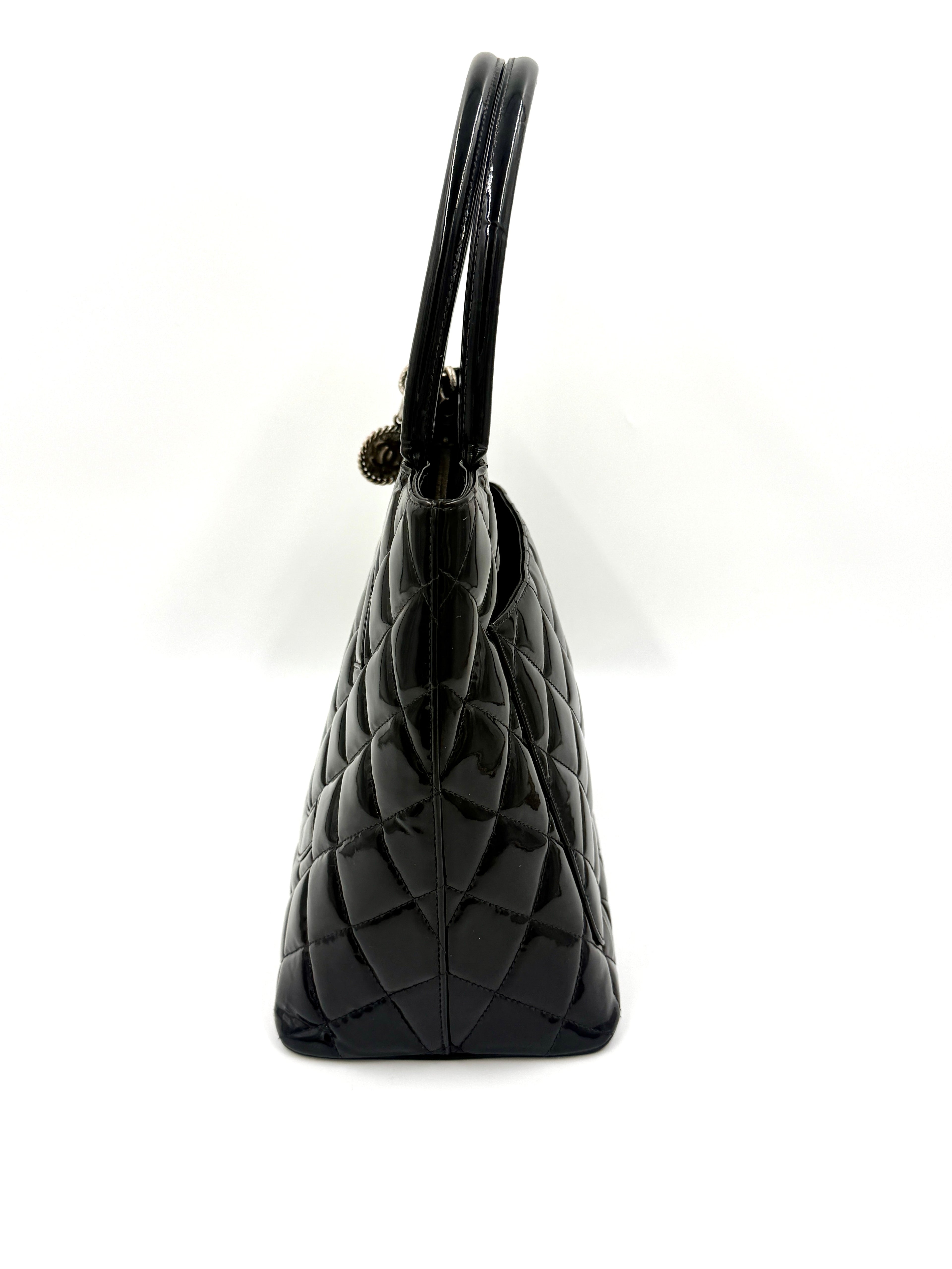 Chanel Black Quilted Patent Leather Medallion Tote Bag with Silver Hardware - Pre Owned Authentic
