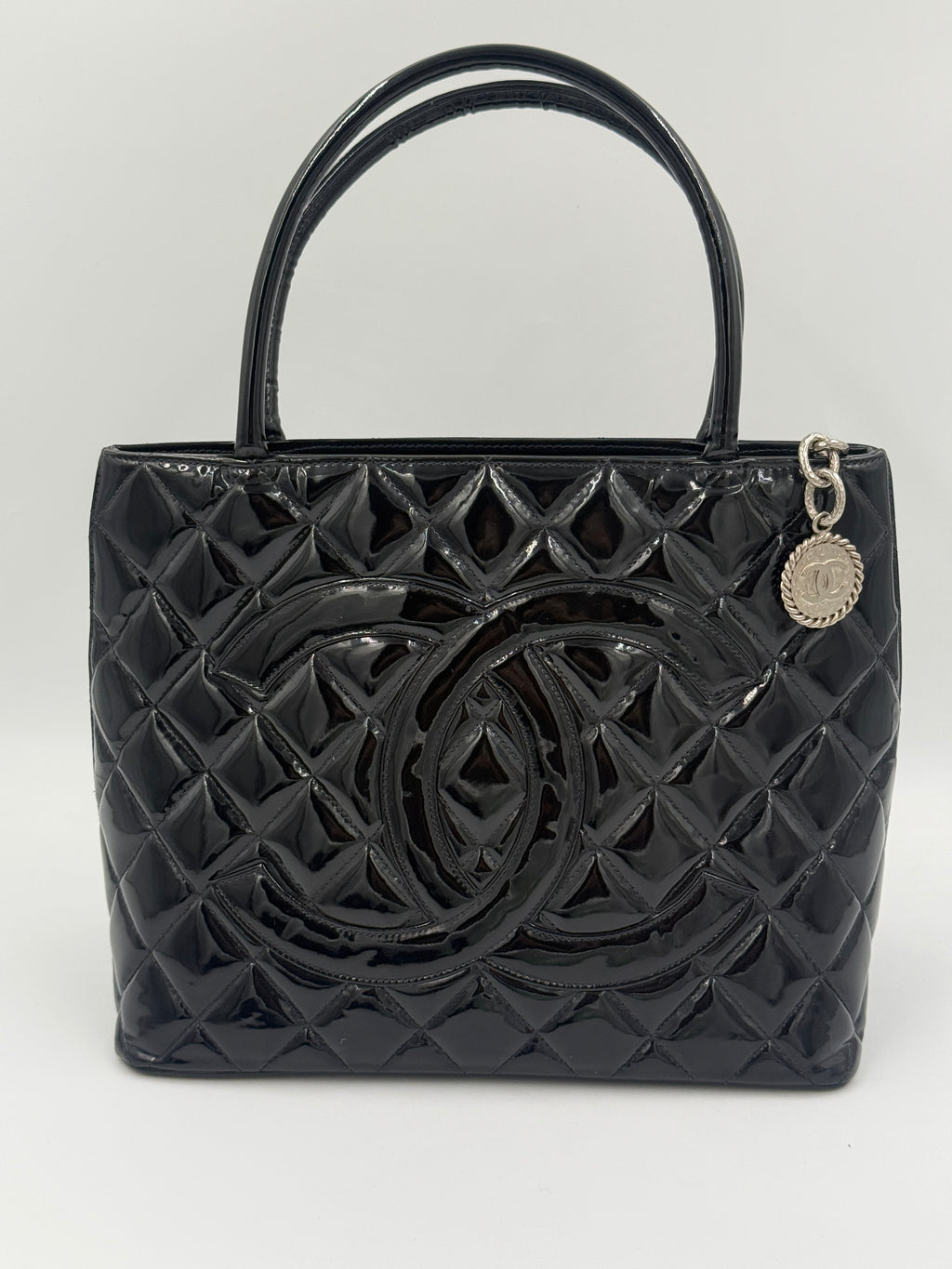 Chanel Black Quilted Patent Leather Medallion Tote Bag with Silver Hardware - Pre Owned Authentic
