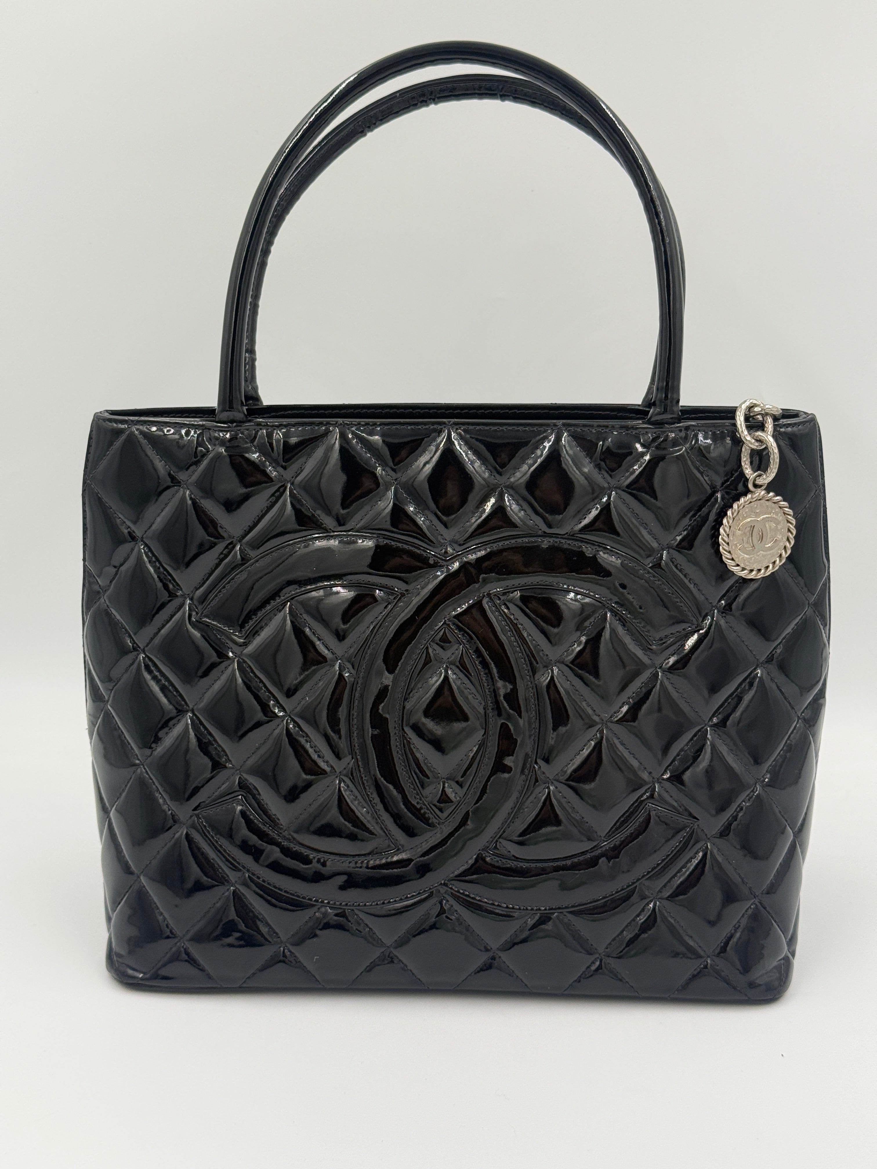 Chanel Black Quilted Patent Leather Medallion Tote Bag with Silver Hardware - Pre Owned Authentic