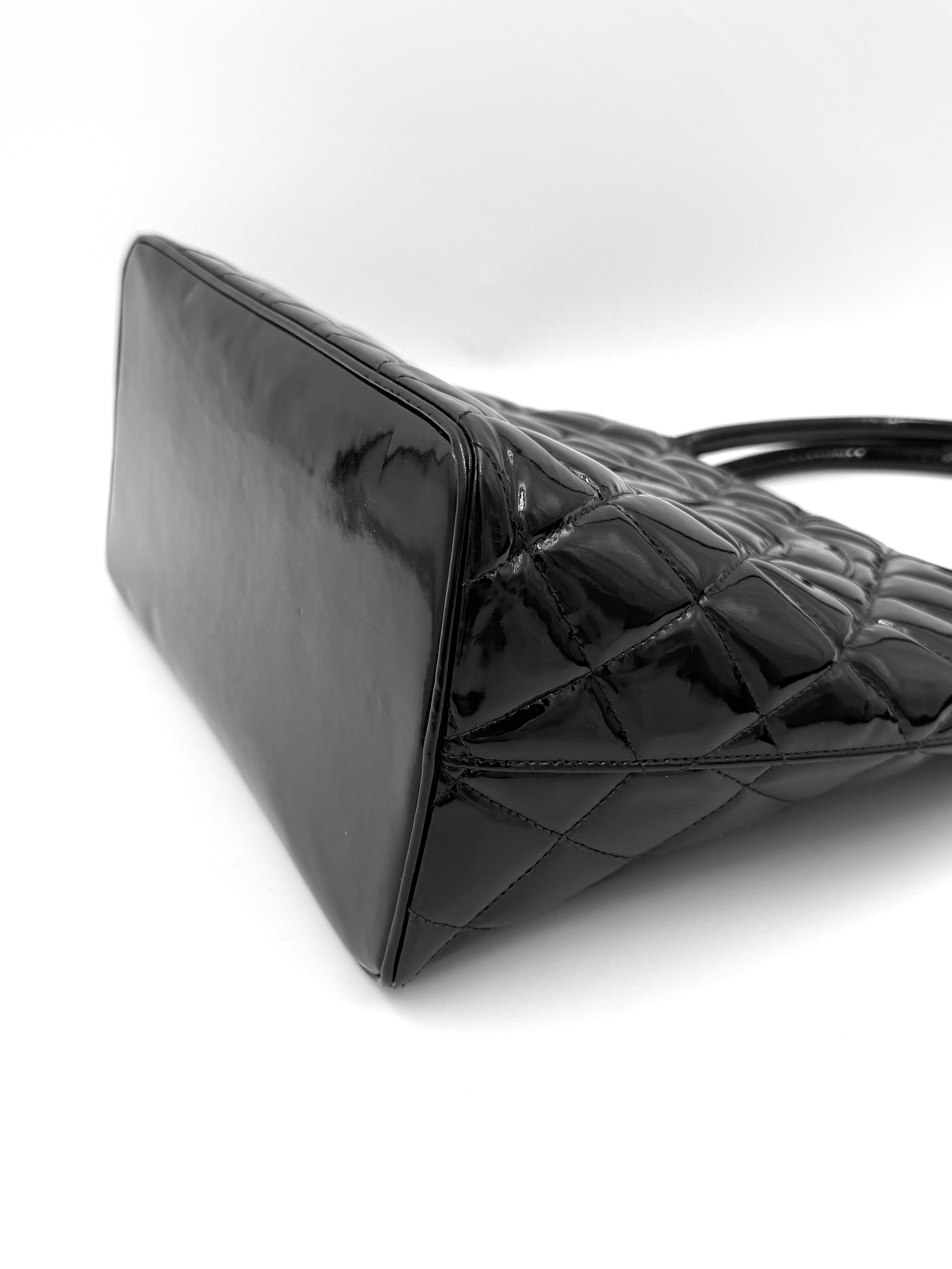 Chanel Black Quilted Patent Leather Medallion Tote Bag with Silver Hardware - Pre Owned Authentic