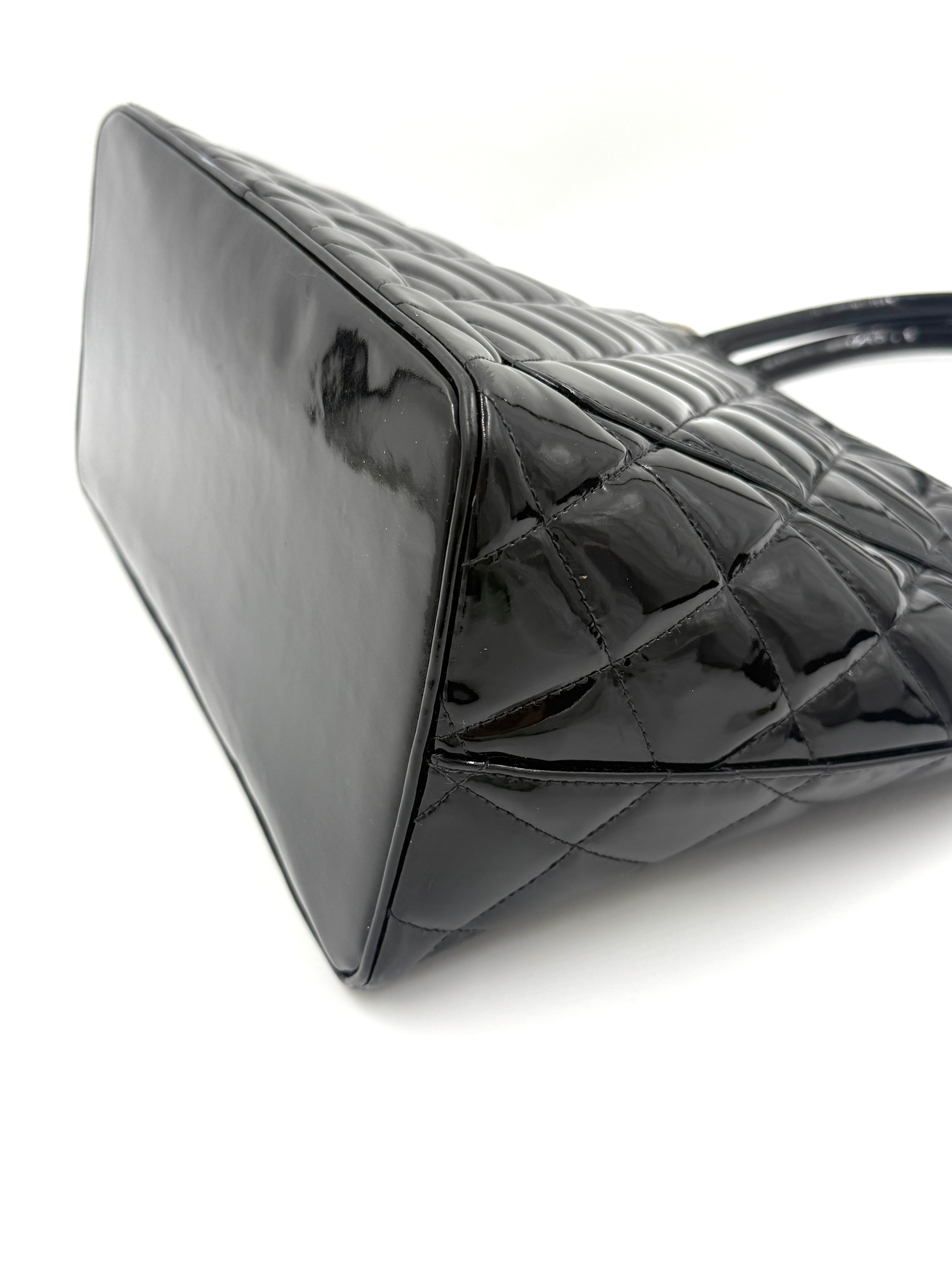 Chanel Black Quilted Patent Leather Medallion Tote Bag with Silver Hardware - Pre Owned Authentic