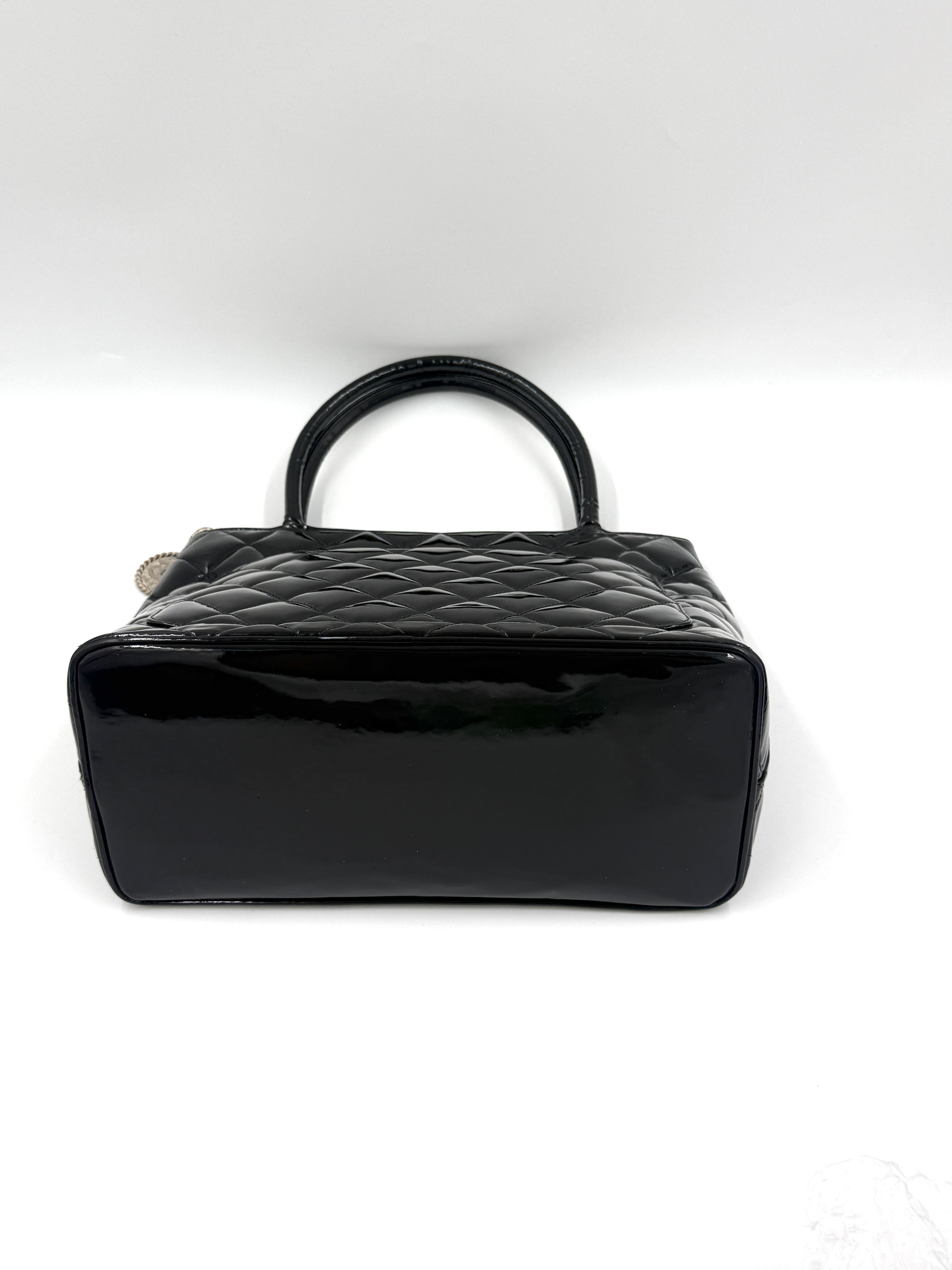Chanel Black Quilted Patent Leather Medallion Tote Bag with Silver Hardware - Pre Owned Authentic