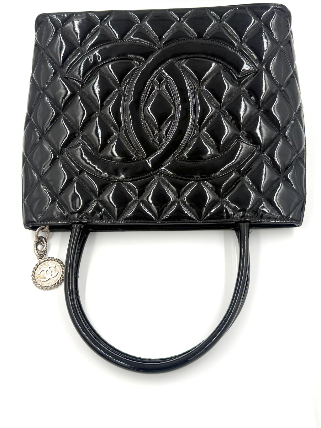 Chanel Black Quilted Patent Leather Medallion Tote Bag with Silver Hardware - Pre Owned Authentic