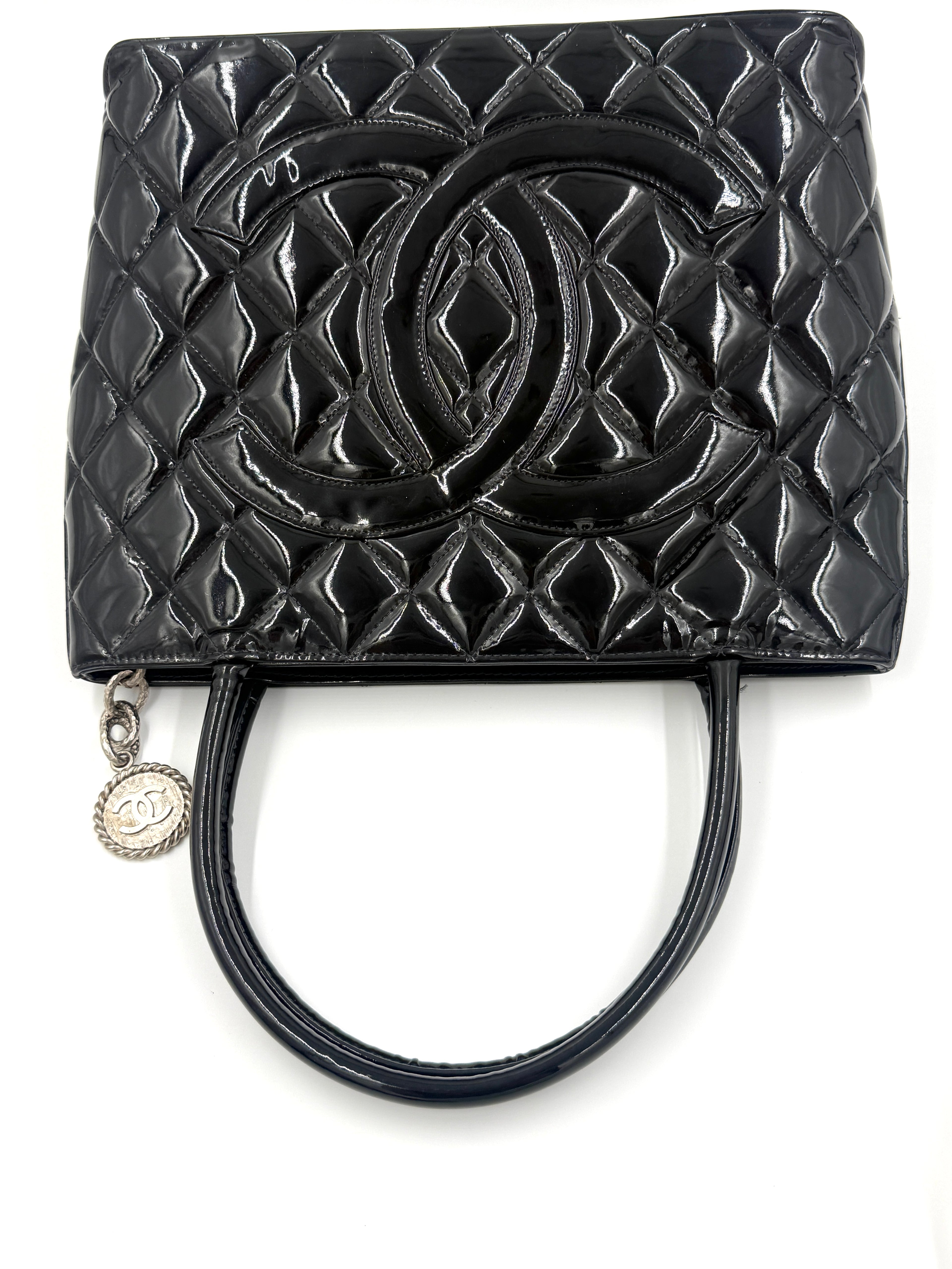 Chanel Black Quilted Patent Leather Medallion Tote Bag with Silver Hardware - Pre Owned Authentic