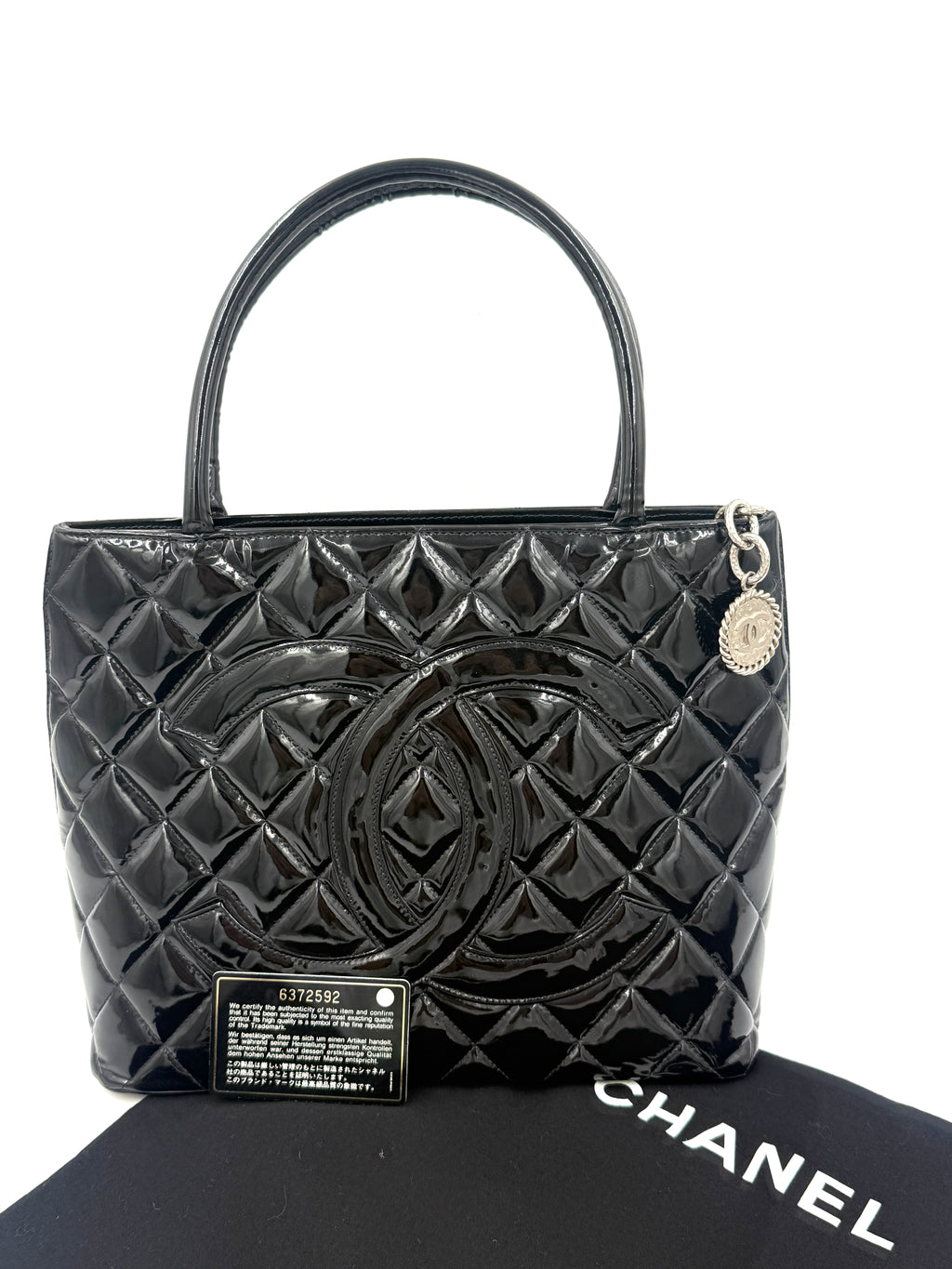 Chanel Black Quilted Patent Leather Medallion Tote Bag with Silver Hardware - Pre Owned Authentic