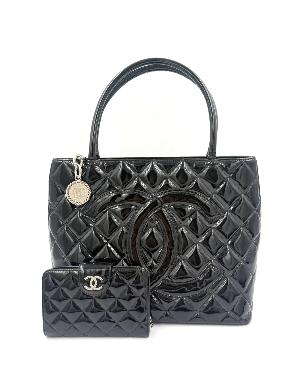 Chanel Black Quilted Patent Leather Medallion Tote Bag with Silver Hardware - Pre Owned Authentic