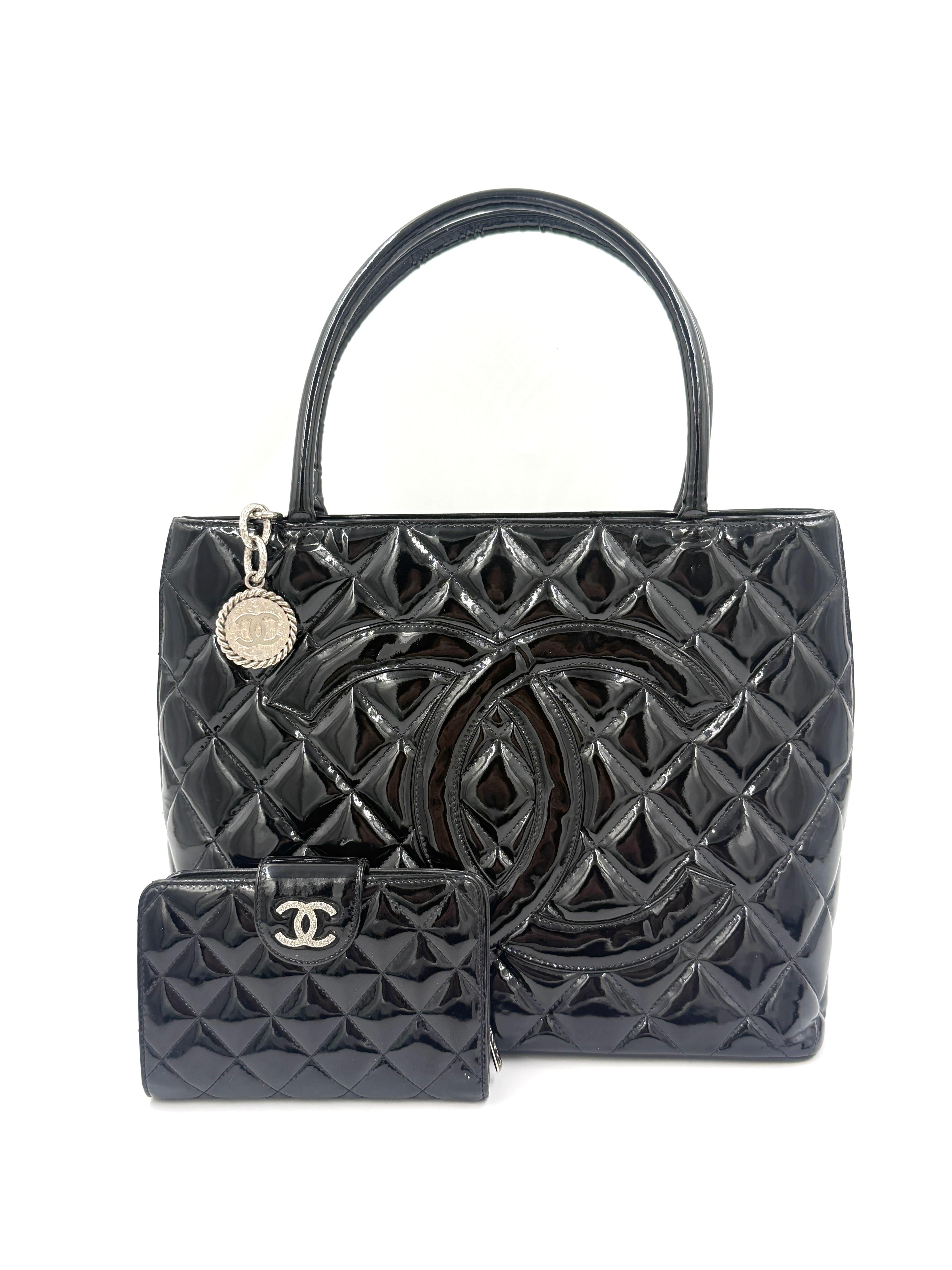 Chanel Black Quilted Patent Leather Medallion Tote Bag with Silver Hardware - Pre Owned Authentic