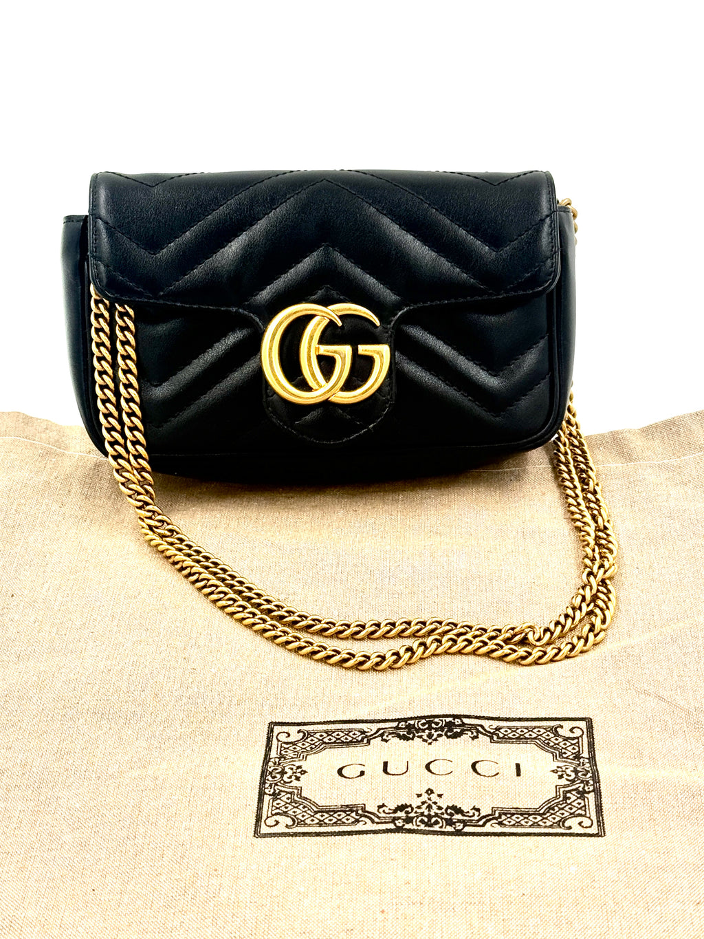 Gucci Calfskin Matelasse Super Mini GG Marmont Shoulder Bag Black Pre Owned Authentic