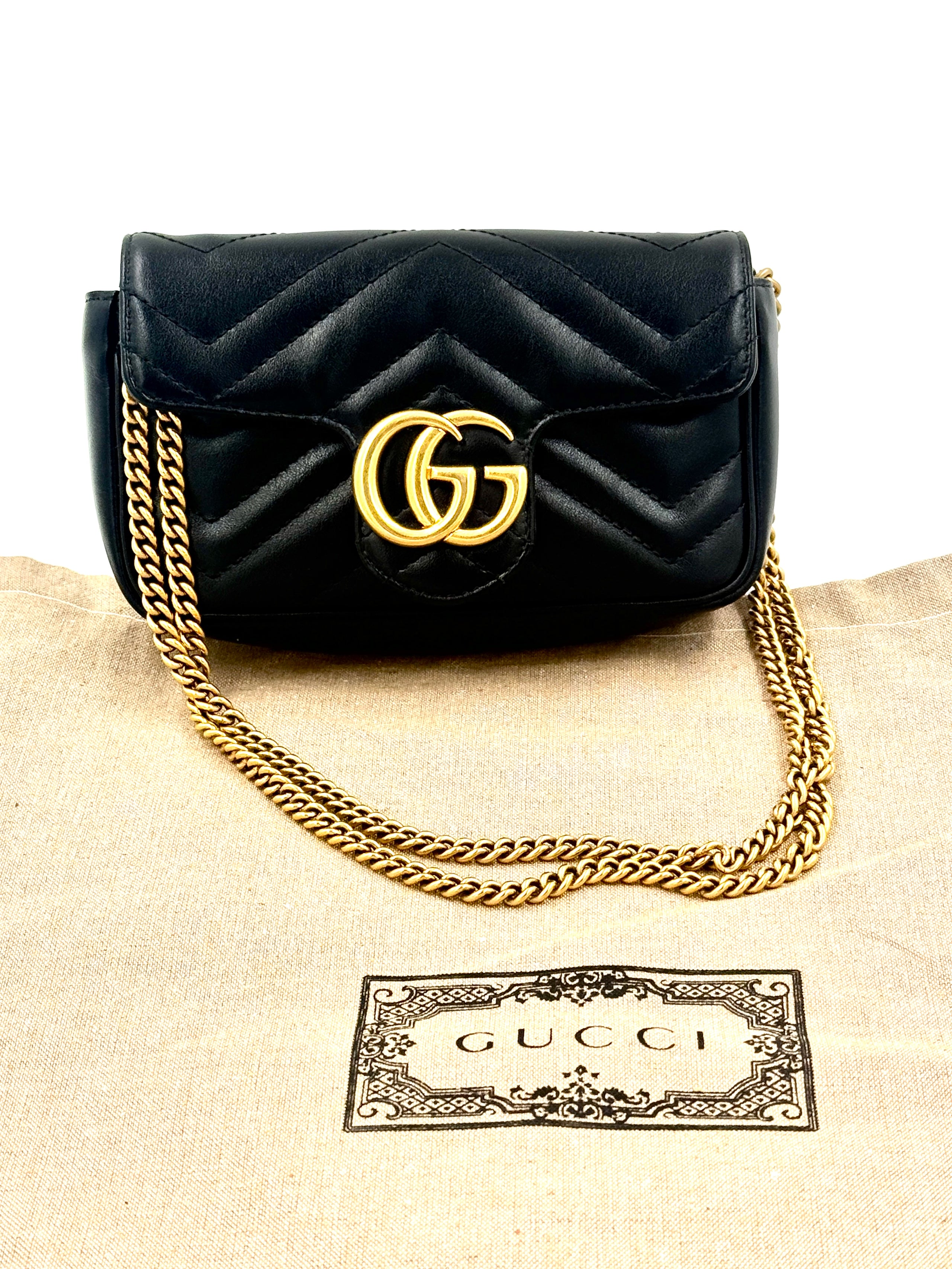 Gucci Calfskin Matelasse Super Mini GG Marmont Shoulder Bag Black Pre Owned Authentic