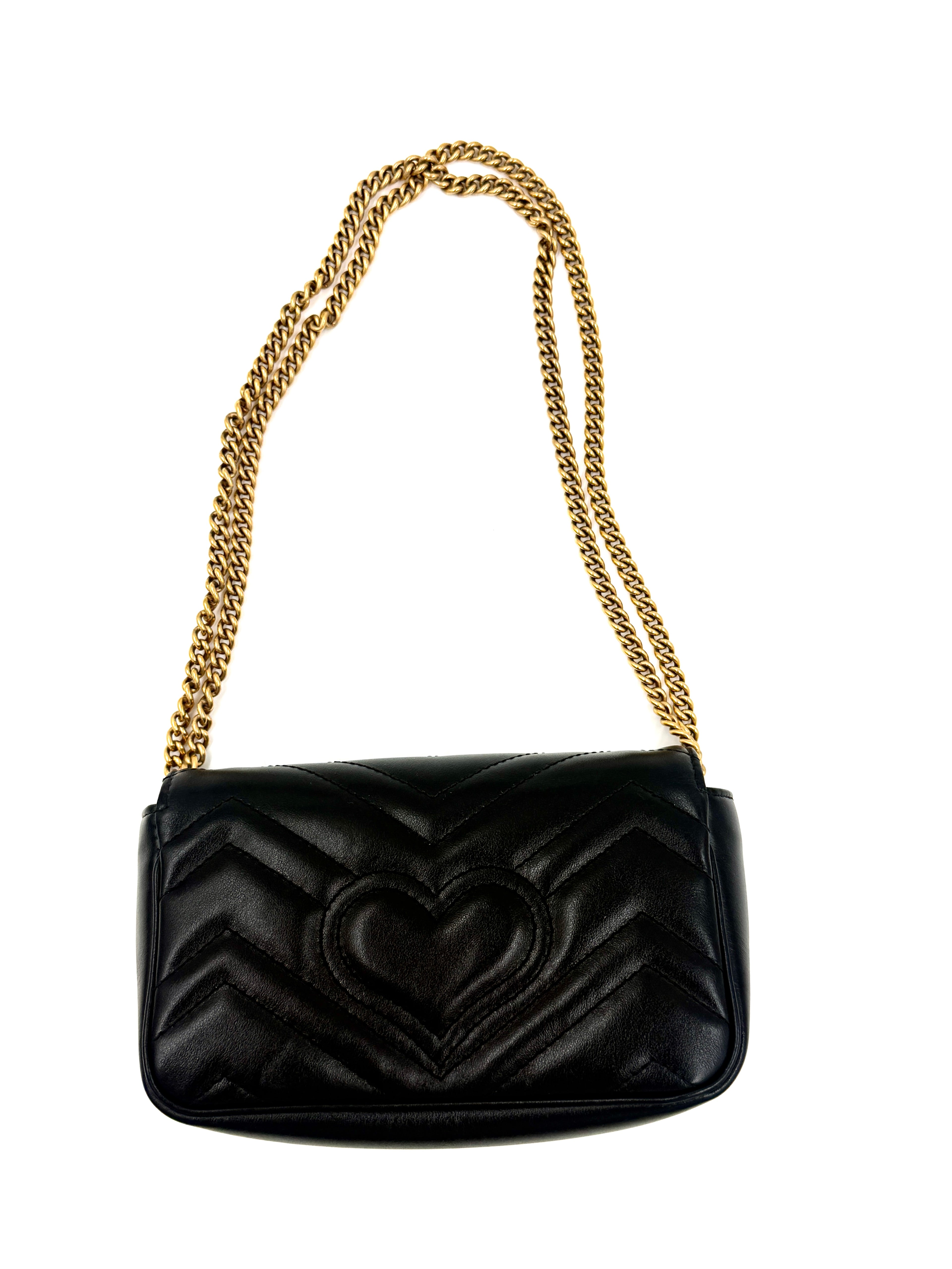 Gucci Calfskin Matelasse Super Mini GG Marmont Shoulder Bag Black Pre Owned Authentic