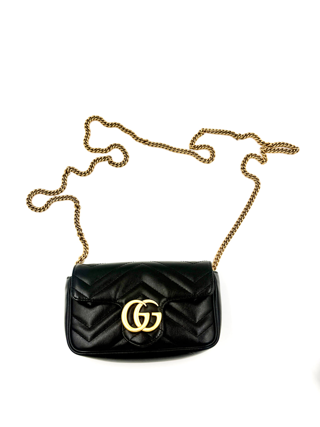 Gucci Calfskin Matelasse Super Mini GG Marmont Shoulder Bag Black Pre Owned Authentic