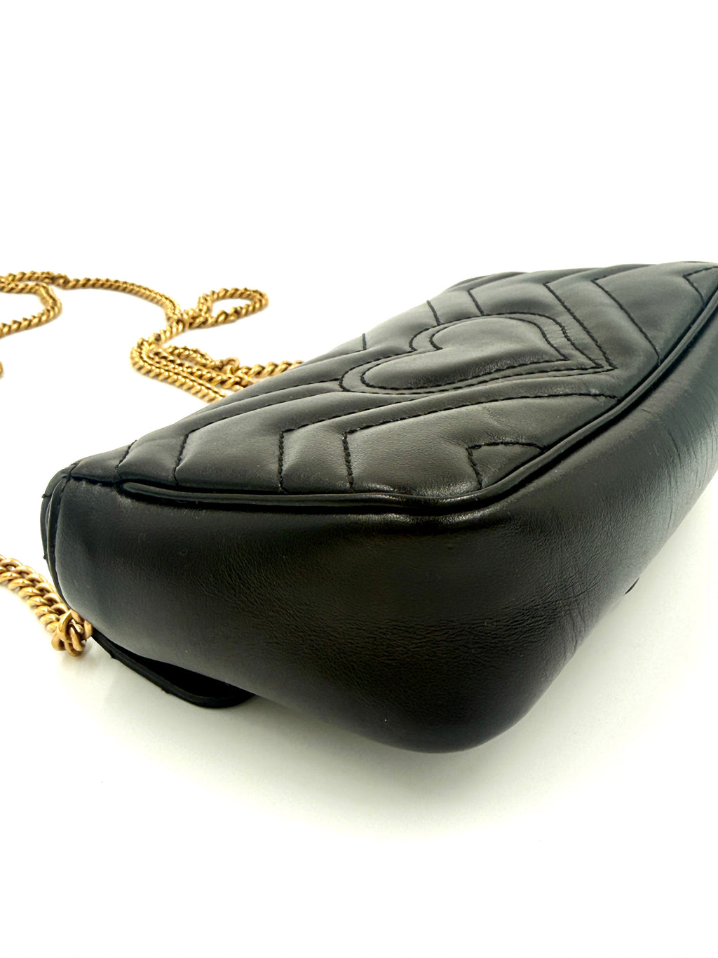 Gucci Calfskin Matelasse Super Mini GG Marmont Shoulder Bag Black Pre Owned Authentic