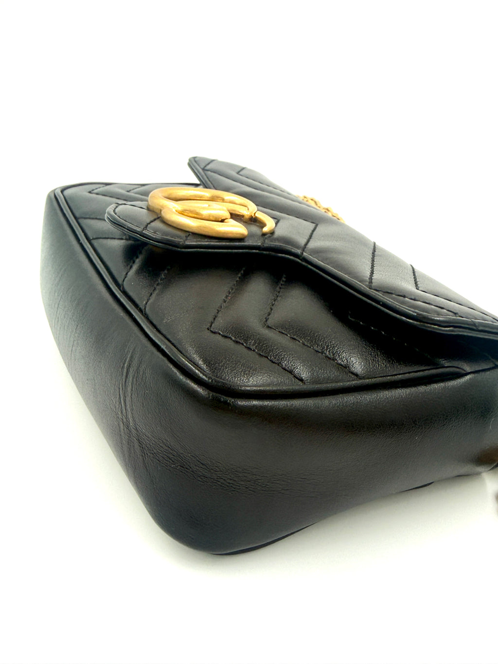 Gucci Calfskin Matelasse Super Mini GG Marmont Shoulder Bag Black Pre Owned Authentic