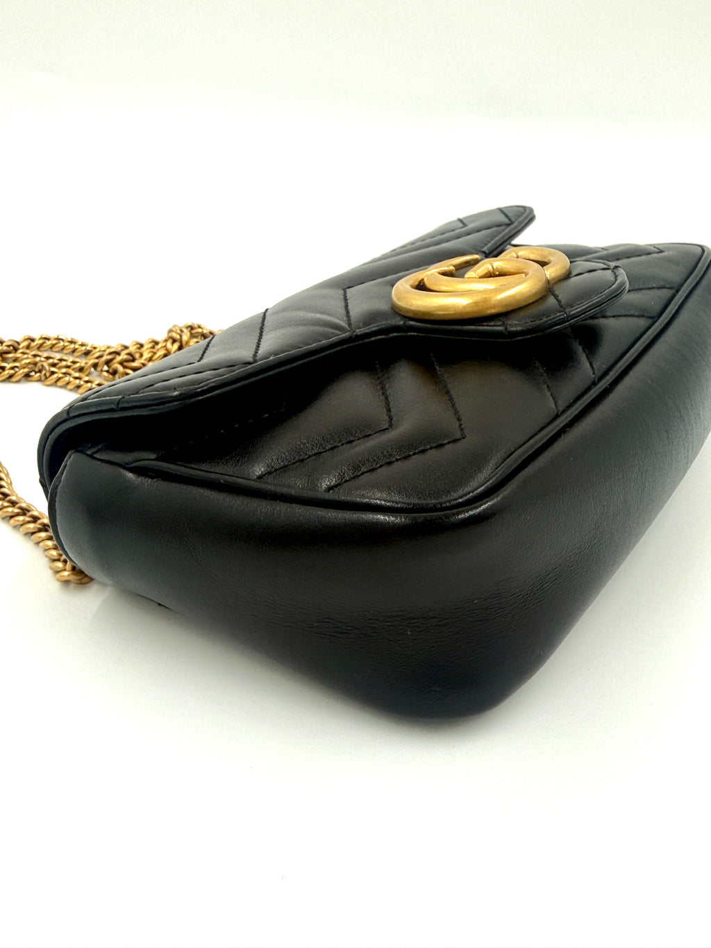 Gucci Calfskin Matelasse Super Mini GG Marmont Shoulder Bag Black Pre Owned Authentic