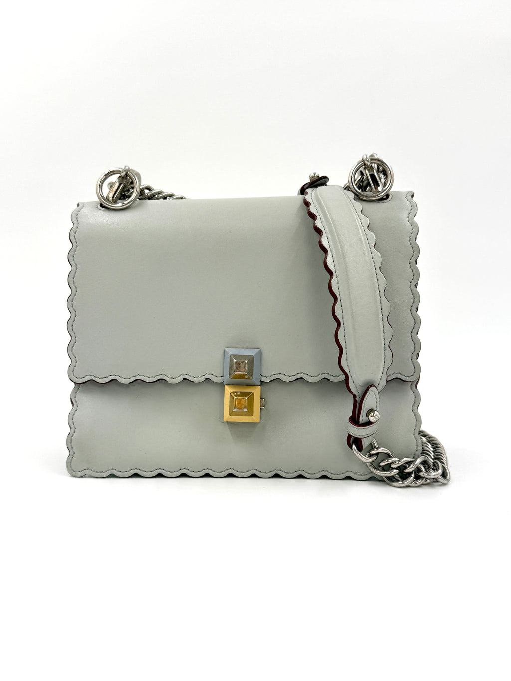 Fendi Kan Scalloped Edge Shoulder/Crossbody Bag Gray with Burgundy Edging Silver Hardware Pre Owned Authentic