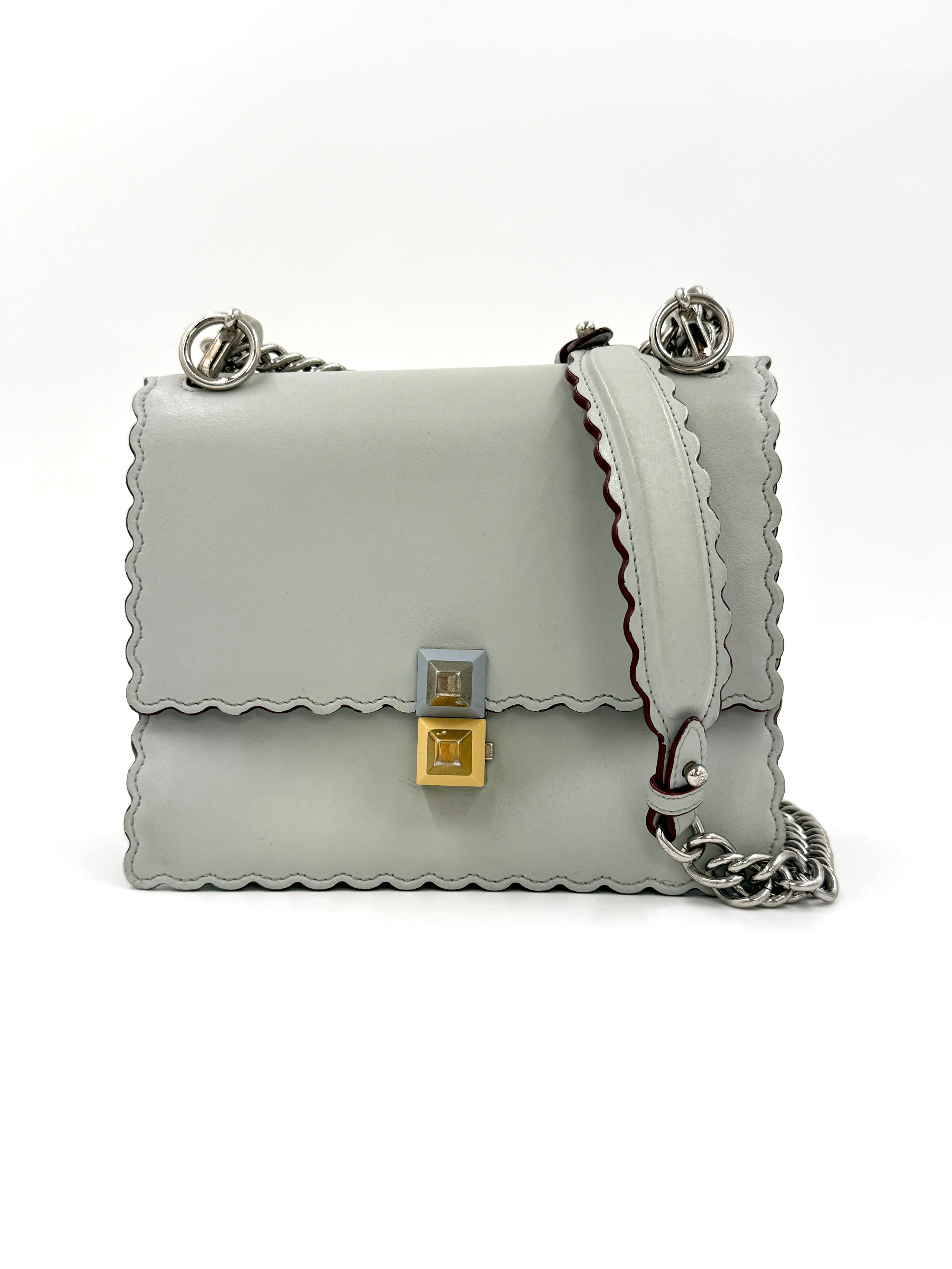 Fendi Kan Scalloped Edge Shoulder/Crossbody Bag Gray with Burgundy Edging Silver Hardware Pre Owned Authentic