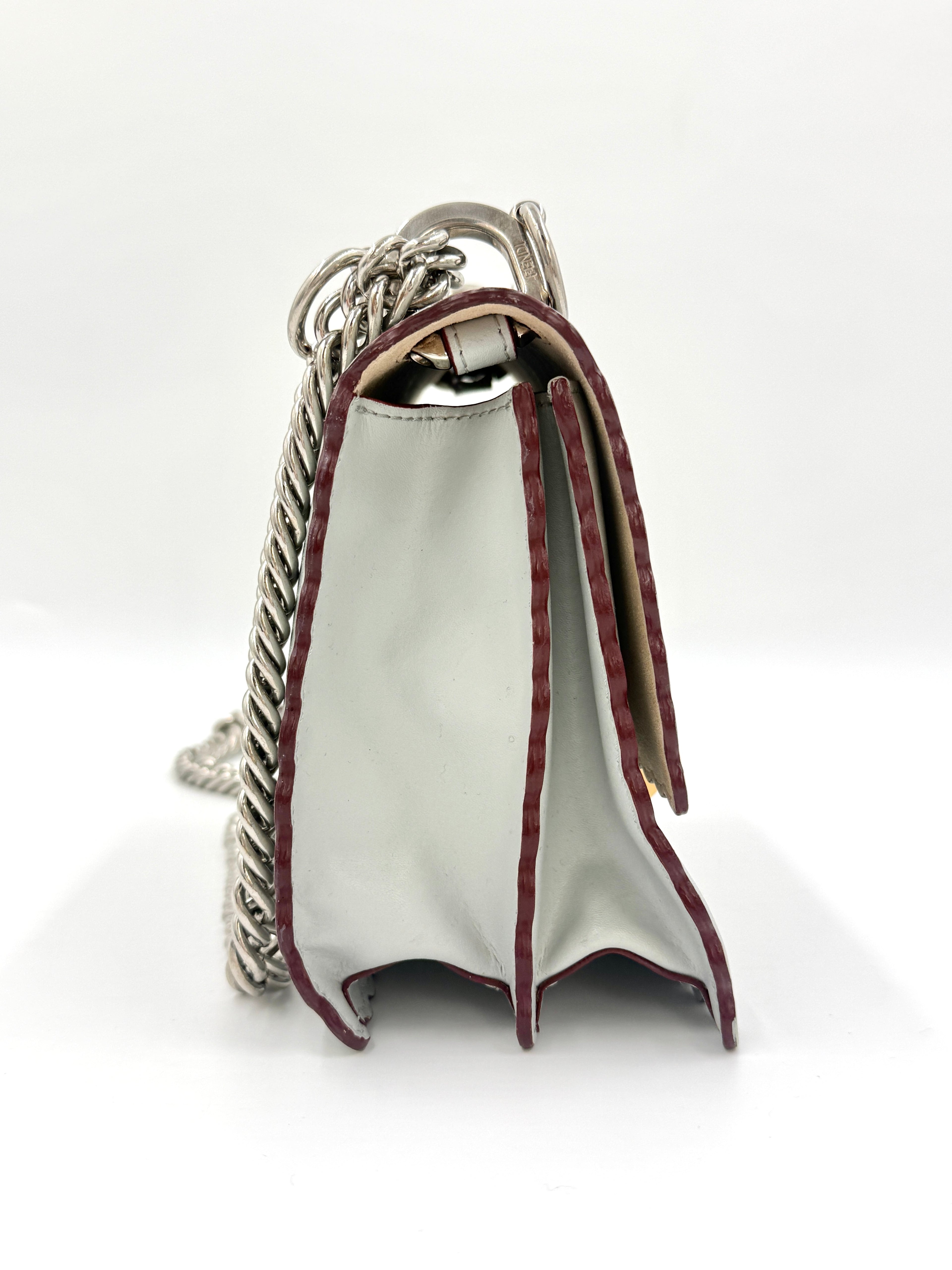 Fendi Kan Scalloped Edge Shoulder/Crossbody Bag Gray with Burgundy Edging Silver Hardware Pre Owned Authentic