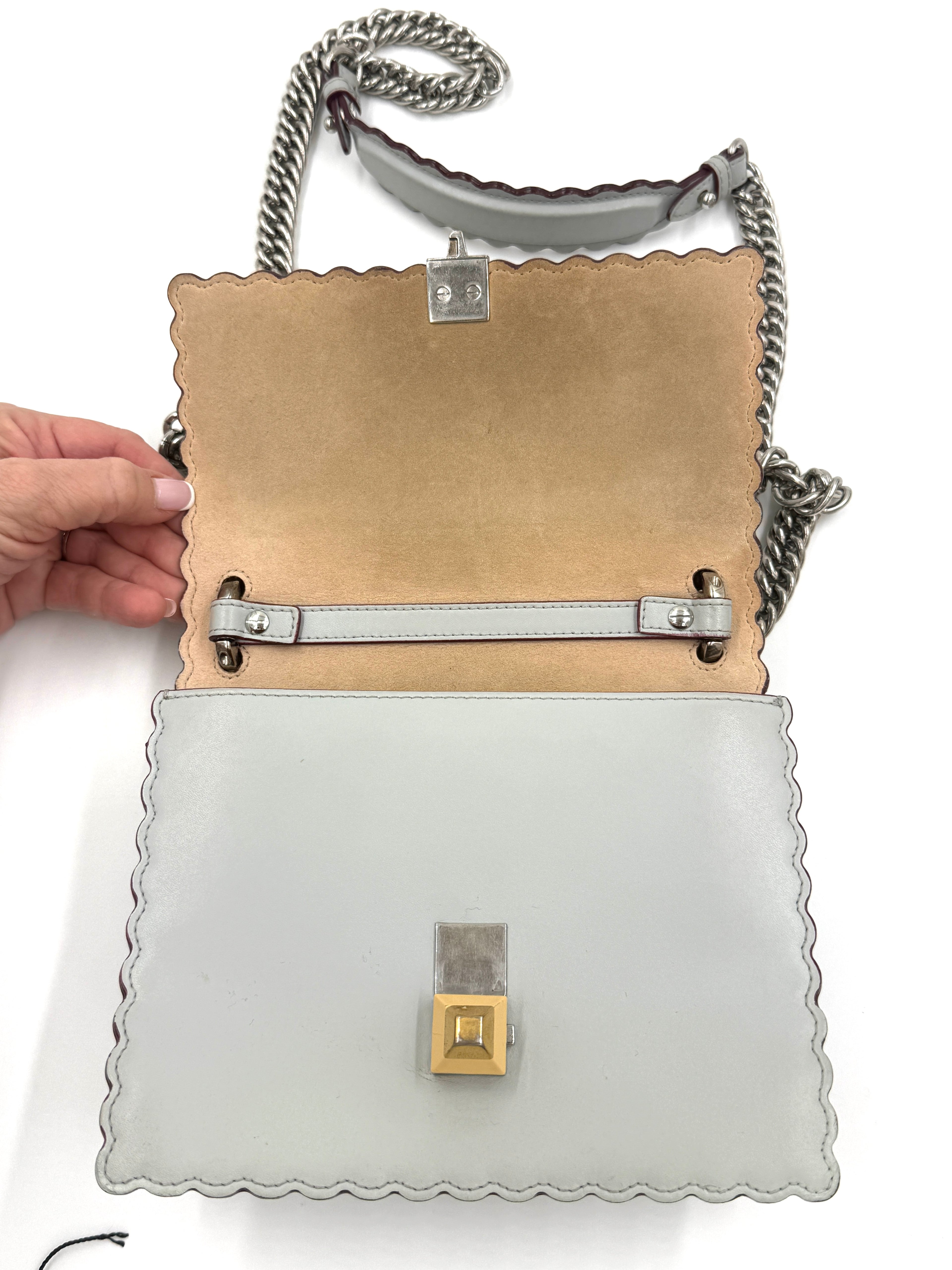 Fendi Kan Scalloped Edge Shoulder/Crossbody Bag Gray with Burgundy Edging Silver Hardware Pre Owned Authentic