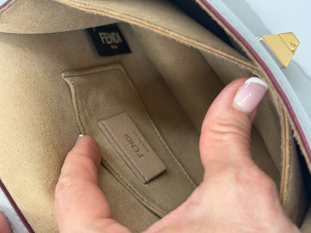 Fendi Kan Scalloped Edge Shoulder/Crossbody Bag Gray with Burgundy Edging Silver Hardware Pre Owned Authentic