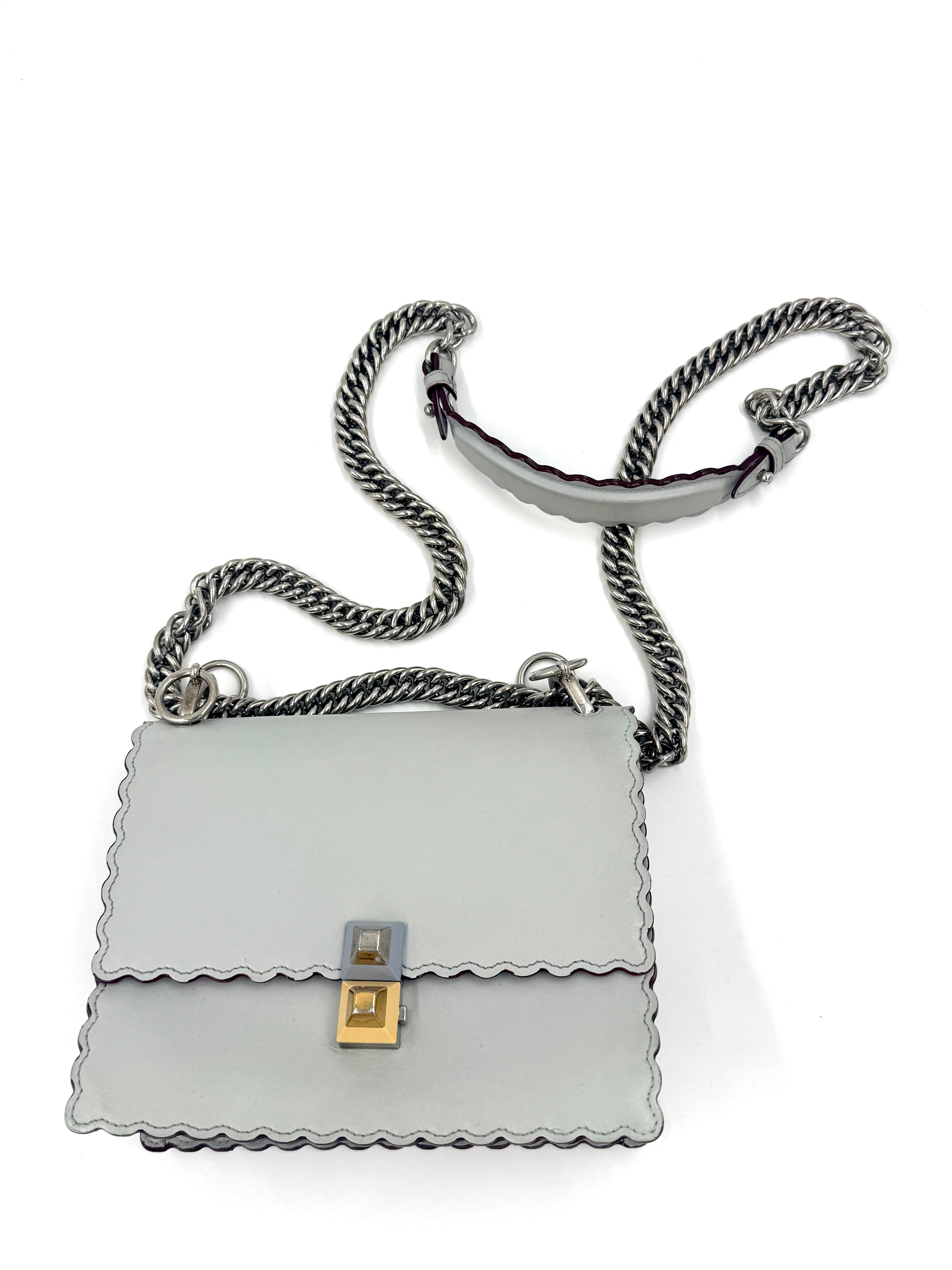 Fendi Kan Scalloped Edge Shoulder/Crossbody Bag Gray with Burgundy Edging Silver Hardware Pre Owned Authentic