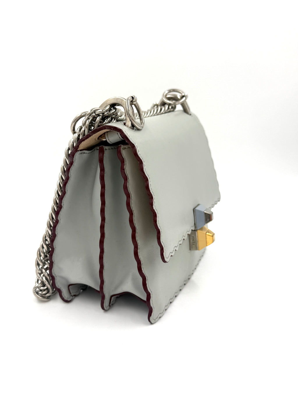 Fendi Kan Scalloped Edge Shoulder/Crossbody Bag Gray with Burgundy Edging Silver Hardware Pre Owned Authentic
