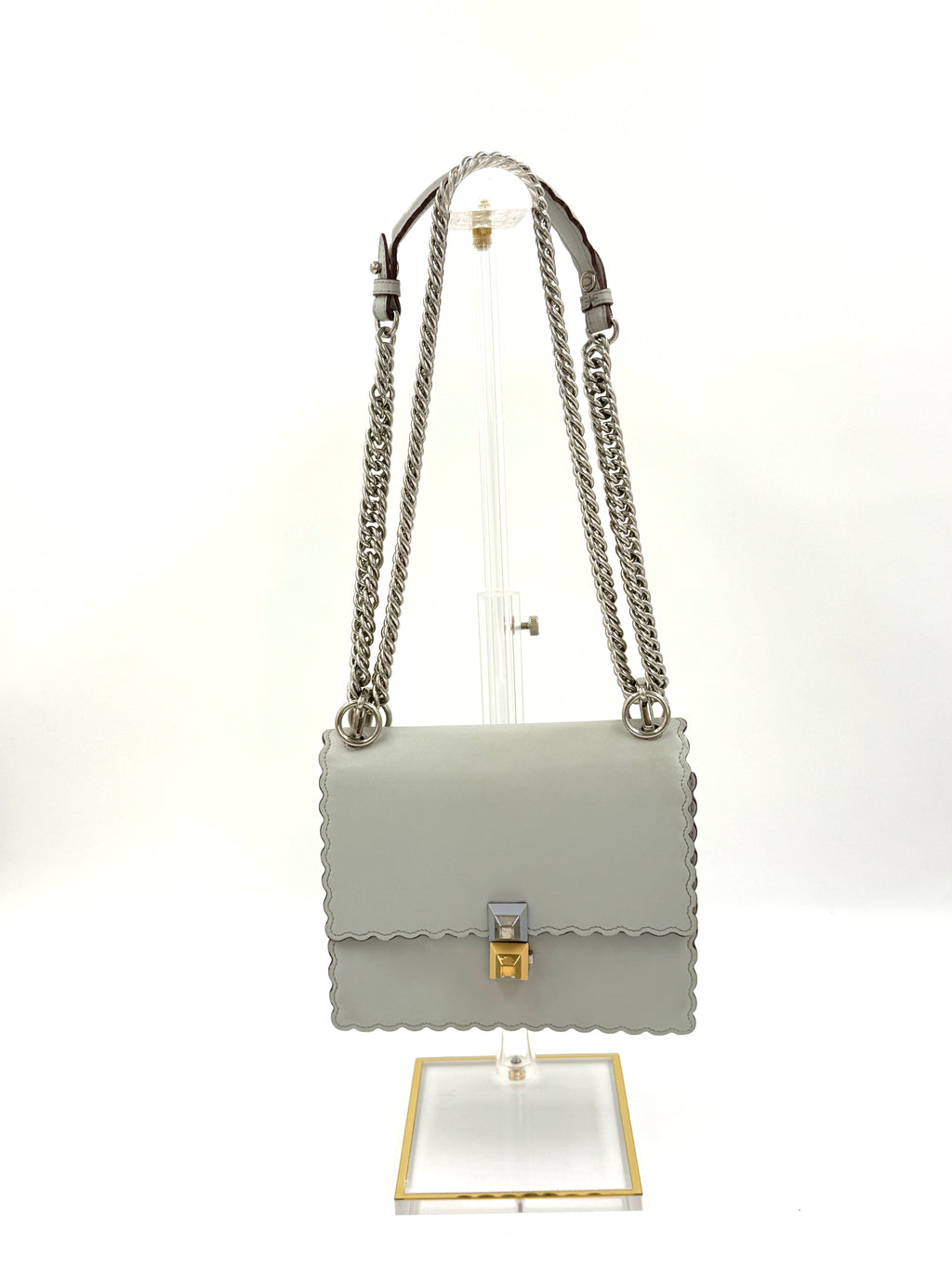 Fendi Kan Scalloped Edge Shoulder/Crossbody Bag Gray with Burgundy Edging Silver Hardware Pre Owned Authentic