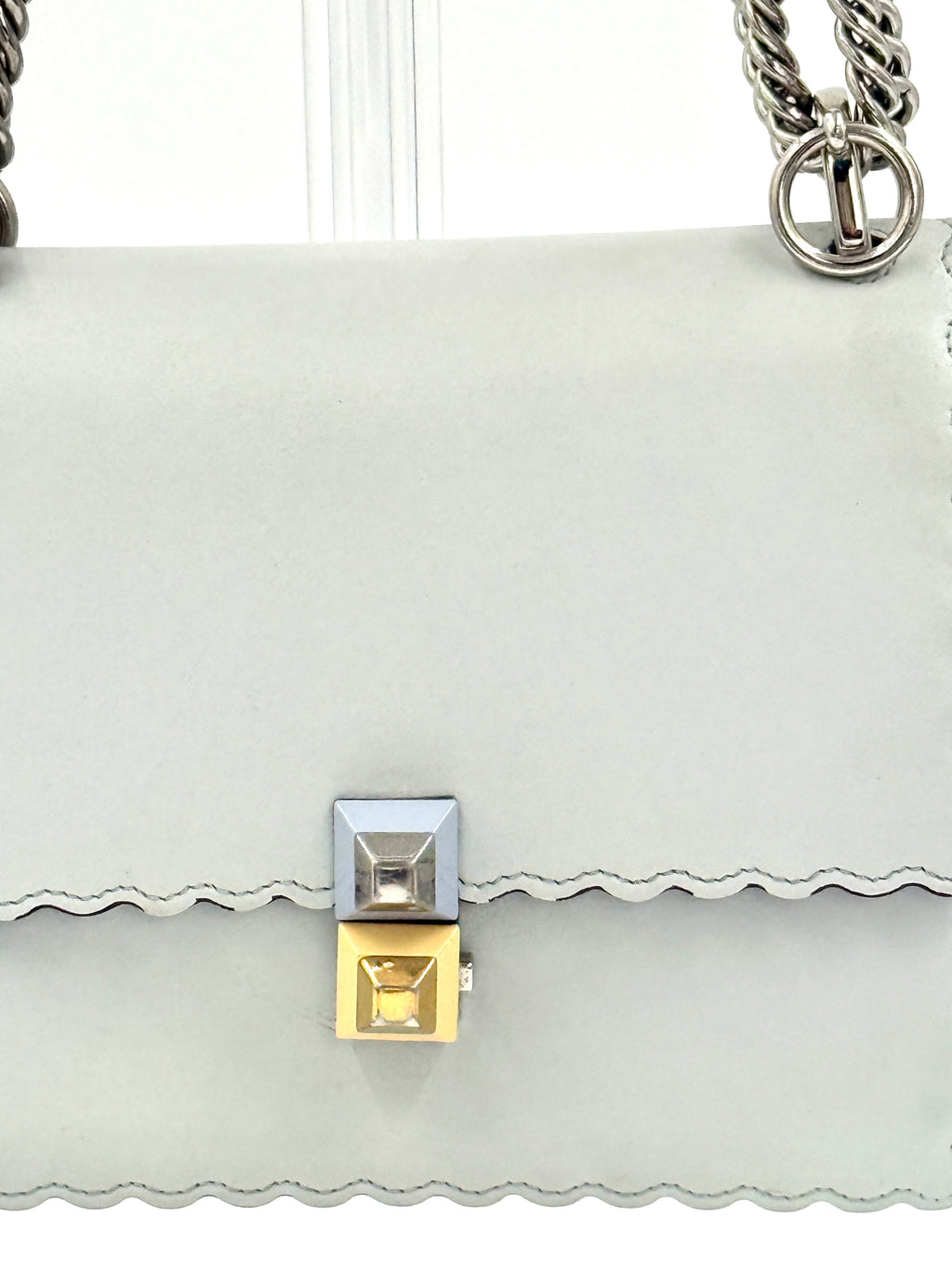 Fendi Kan Scalloped Edge Shoulder/Crossbody Bag Gray with Burgundy Edging Silver Hardware Pre Owned Authentic