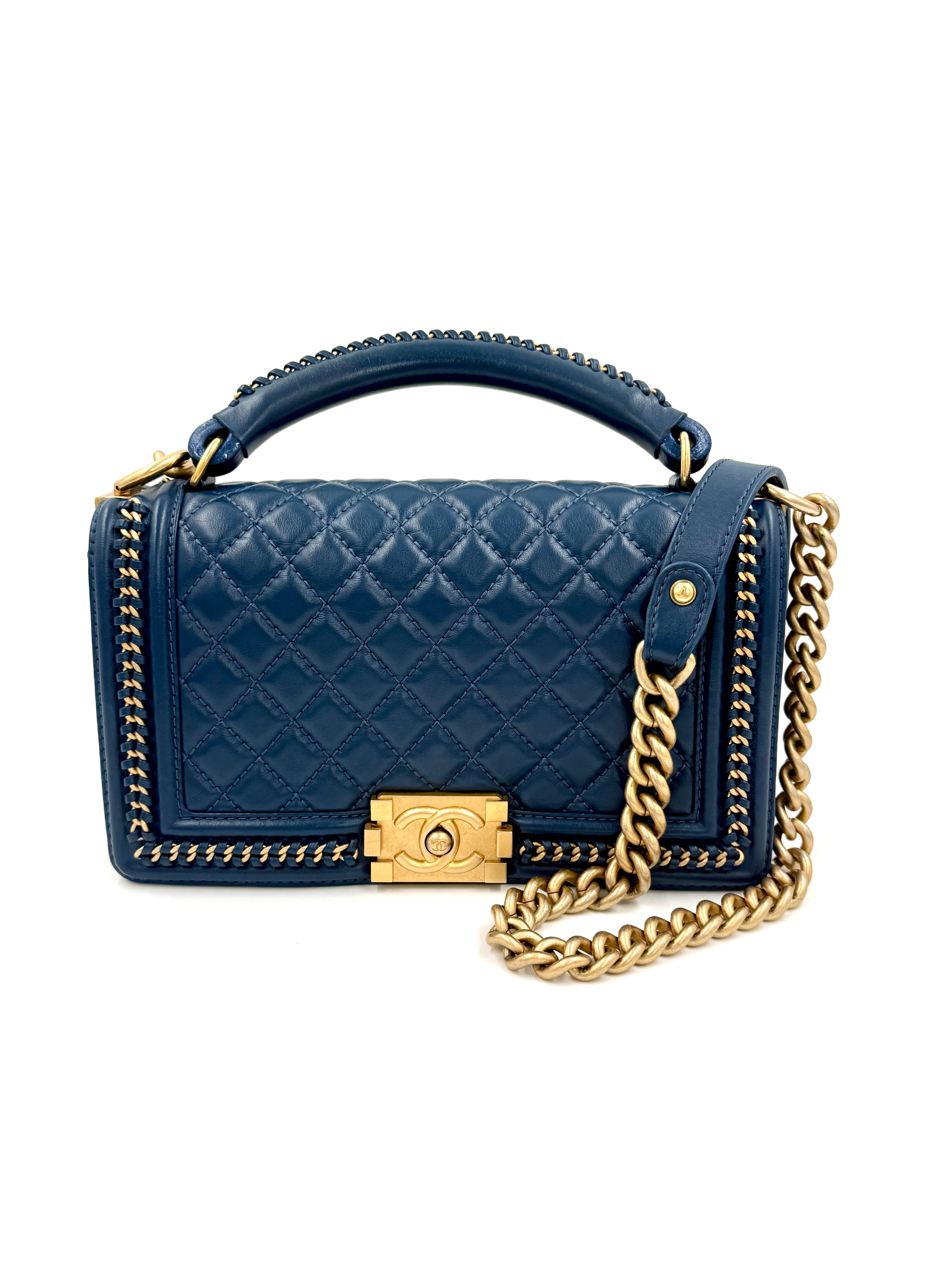 Chanel Calfskin Medium Chain Around Top Handle Boy Bag Blue - Pre Owned Authentic