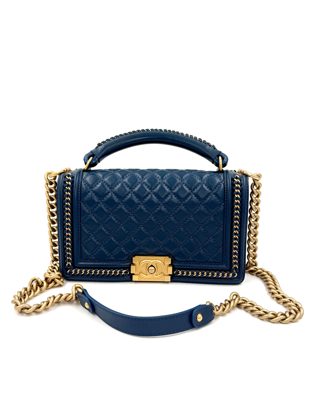 Chanel Calfskin Medium Chain Around Top Handle Boy Bag Blue - Pre Owned Authentic