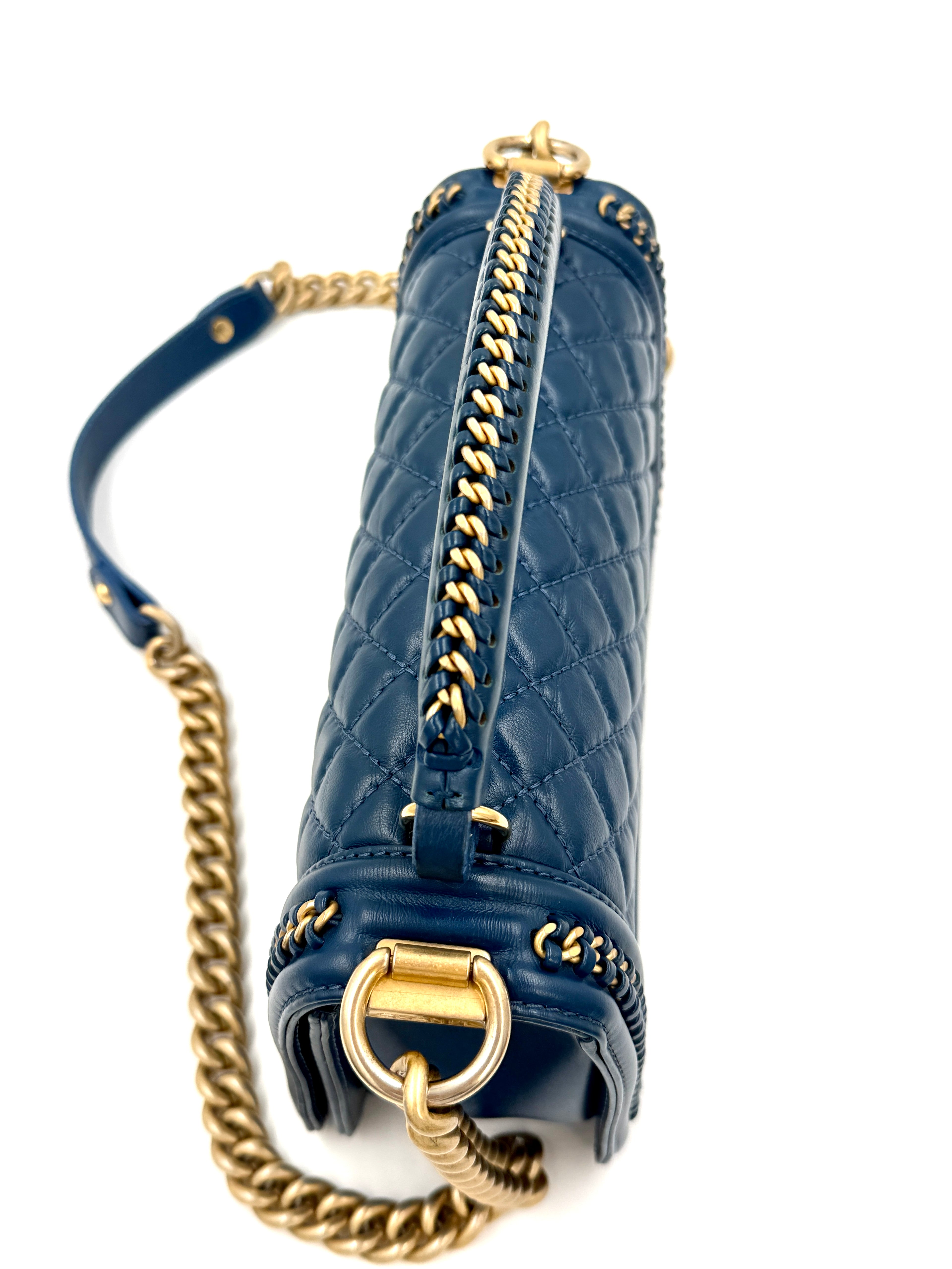 Chanel Calfskin Medium Chain Around Top Handle Boy Bag Blue - Pre Owned Authentic