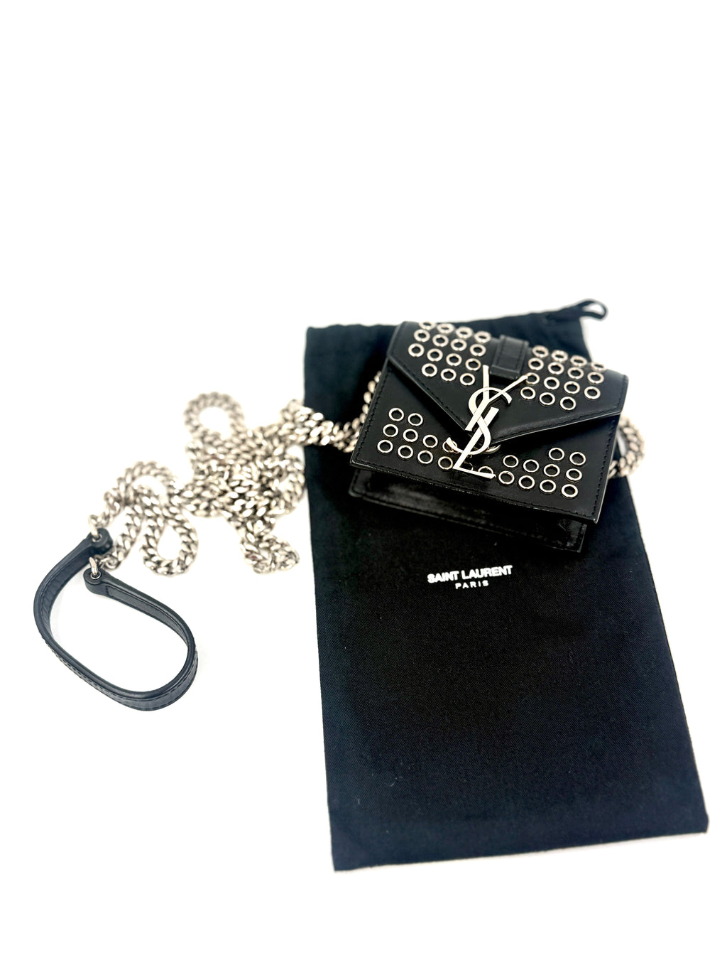 Saint Laurent Box Calfskin Grommet mini Crossbody Bag Black Leather Pre Owned Authentic