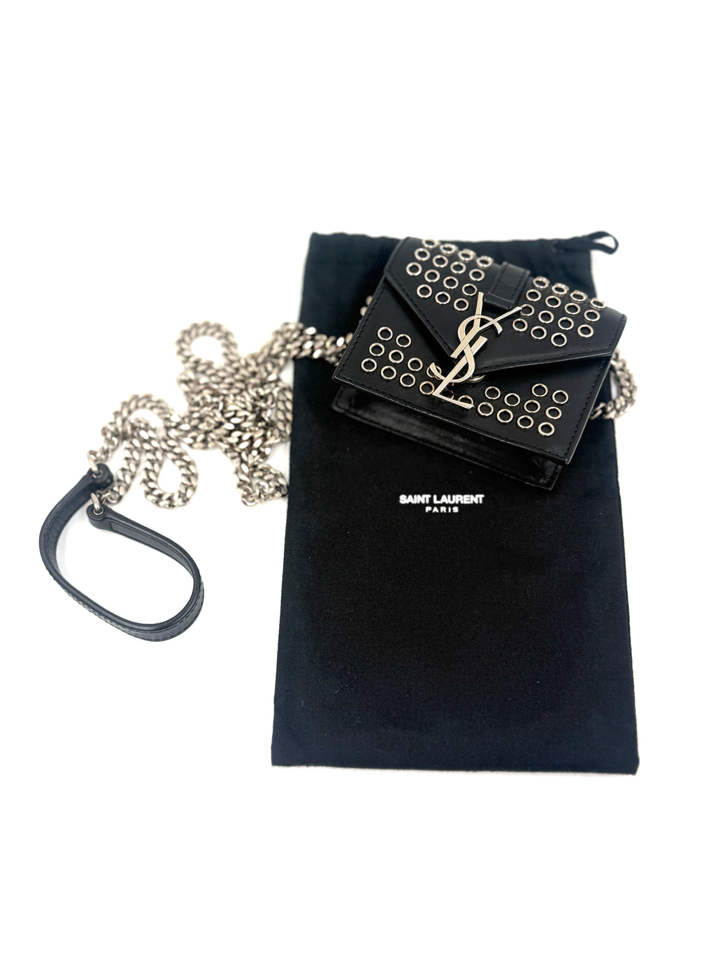 Saint Laurent Box Calfskin Grommet mini Crossbody Bag Black Leather Pre Owned Authentic