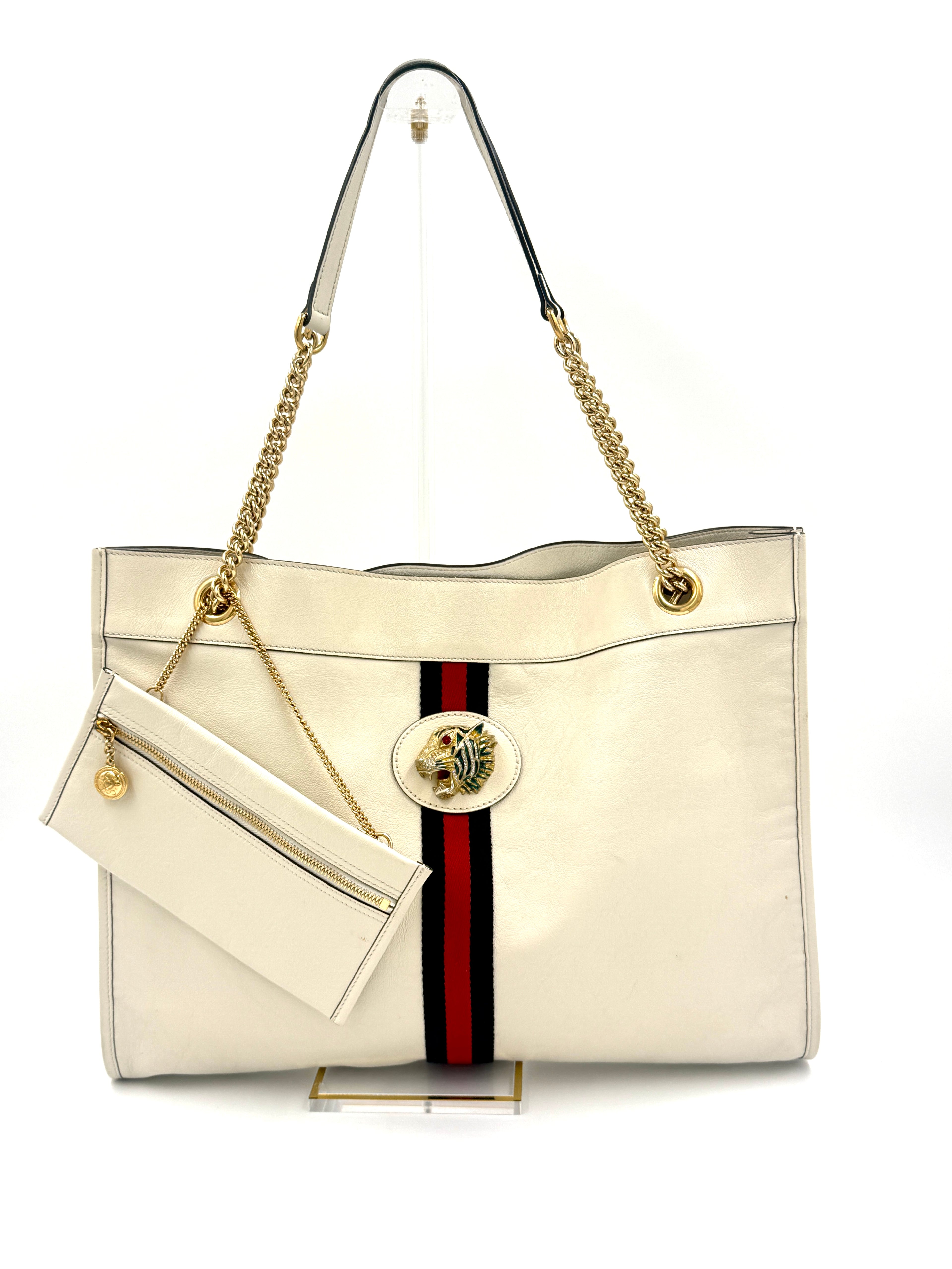 Gucci Rajah Large Leather Tote Bag White with Chain Straps and Removable Pouch Pre Owned Authentic
