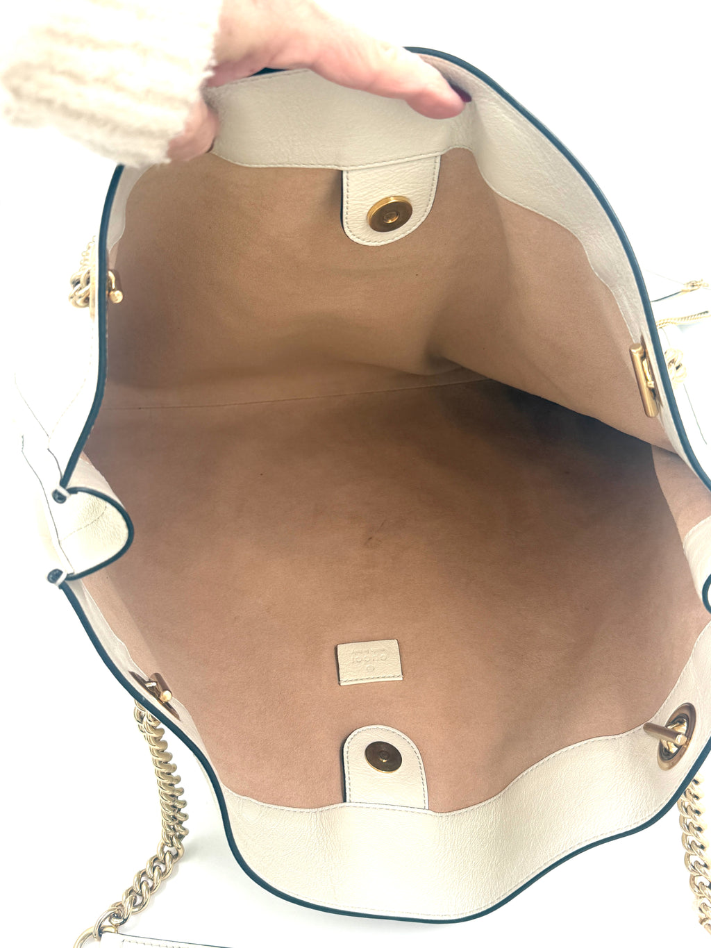 Gucci Rajah Large Leather Tote Bag White with Chain Straps and Removable Pouch Pre Owned Authentic