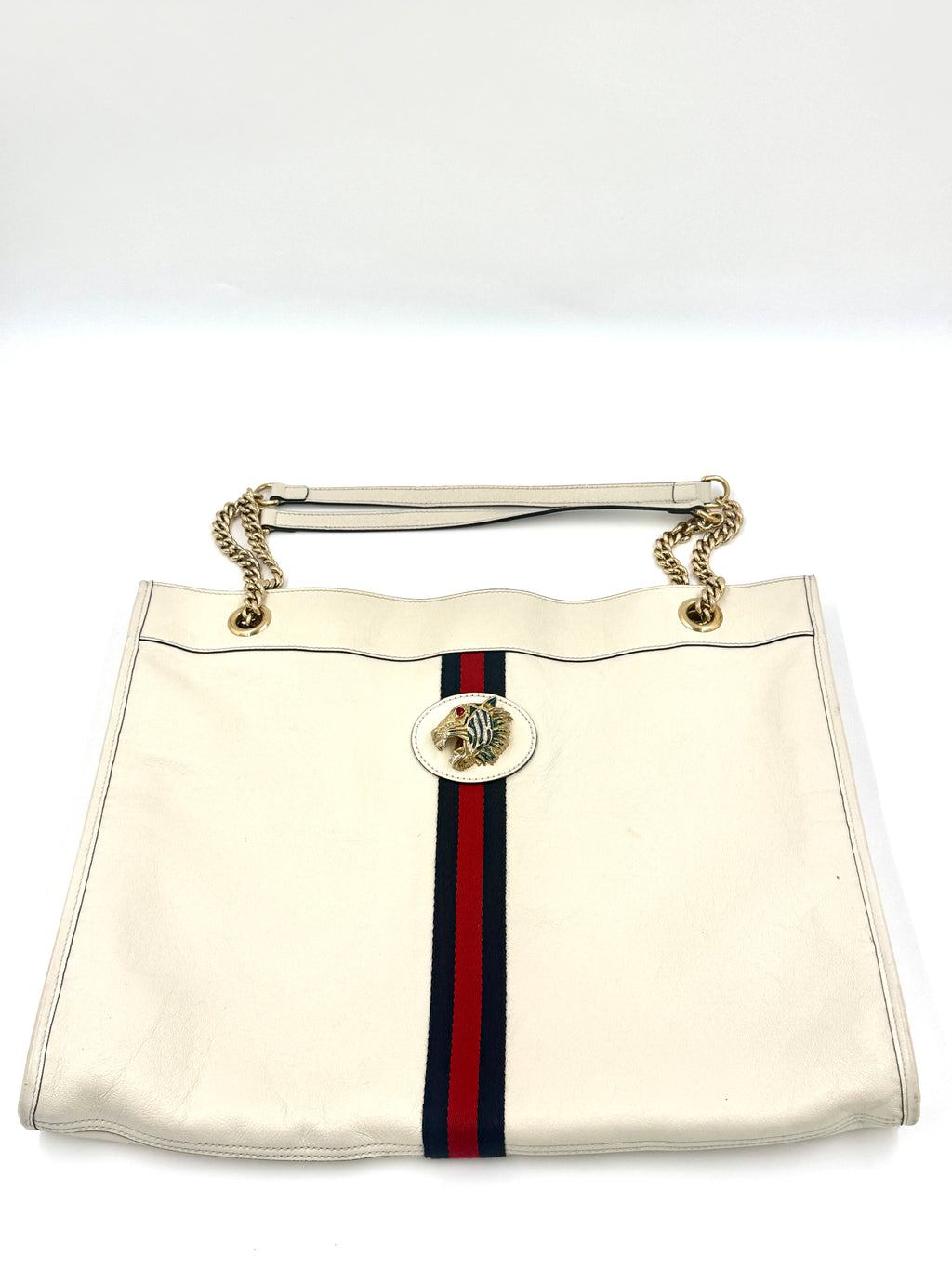 Gucci Rajah Large Leather Tote Bag White with Chain Straps and Removable Pouch Pre Owned Authentic