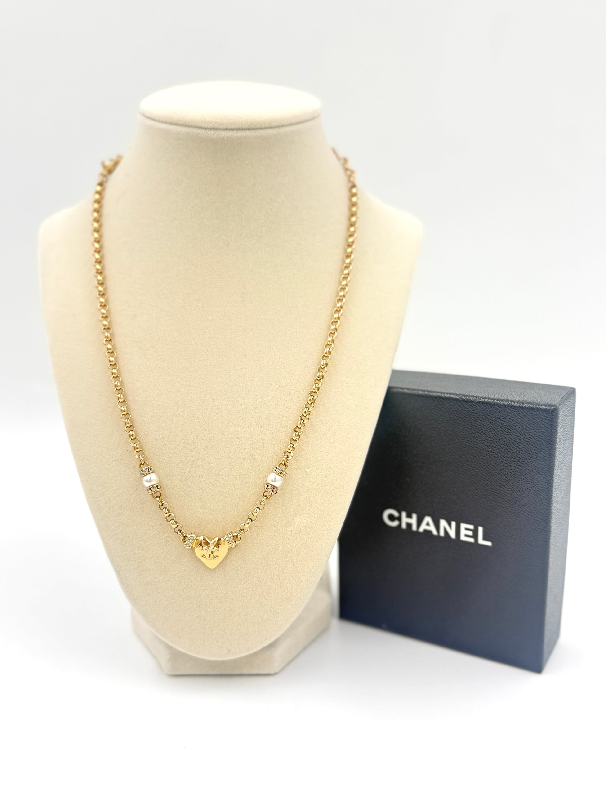 Chanel 24k Gold Plated CC Heart Pendant Necklace with Strass Crystals and Pearl Accents Pre Owned Authentic