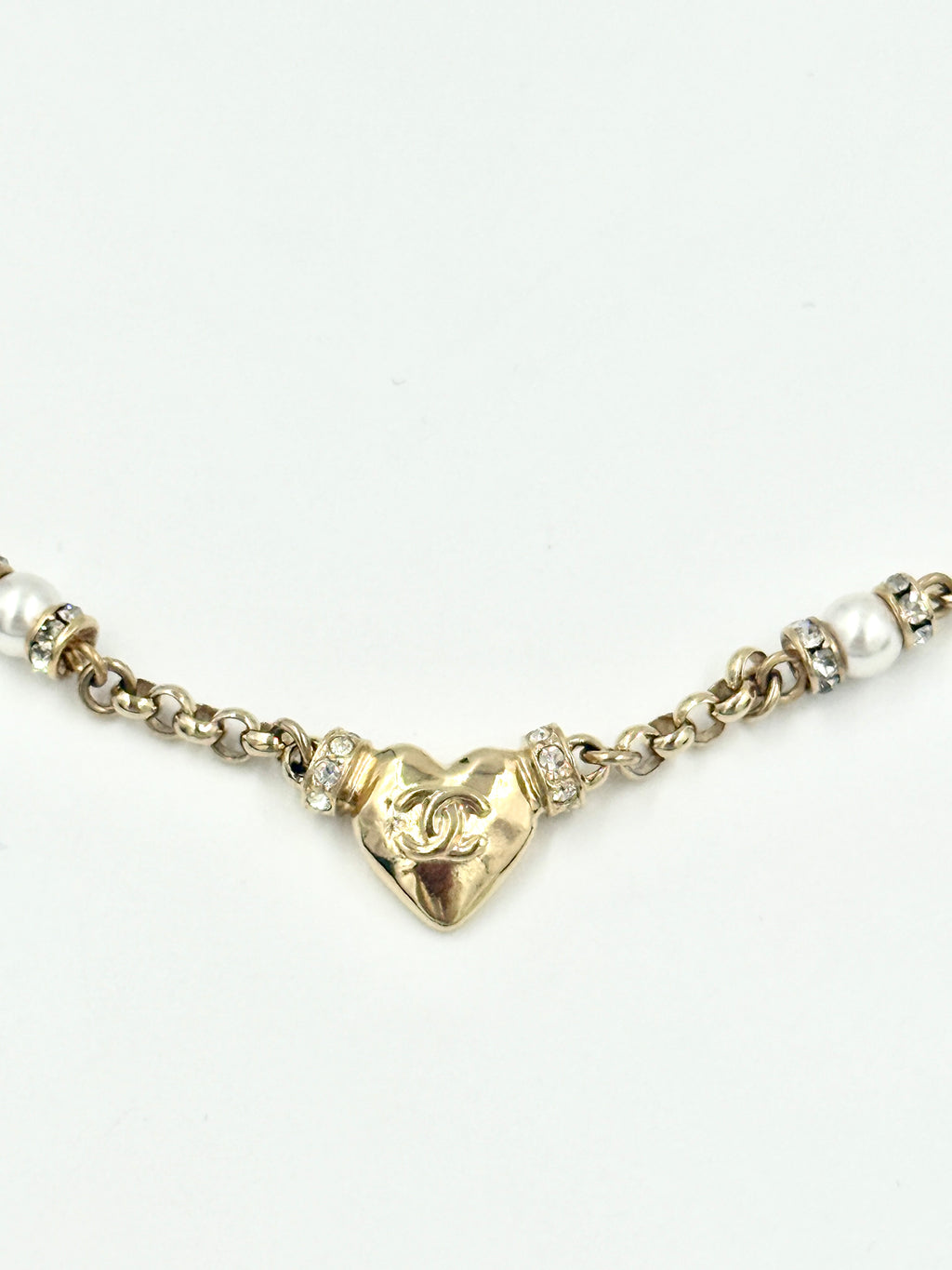 Chanel 24k Gold Plated CC Heart Pendant Necklace with Strass Crystals and Pearl Accents Pre Owned Authentic