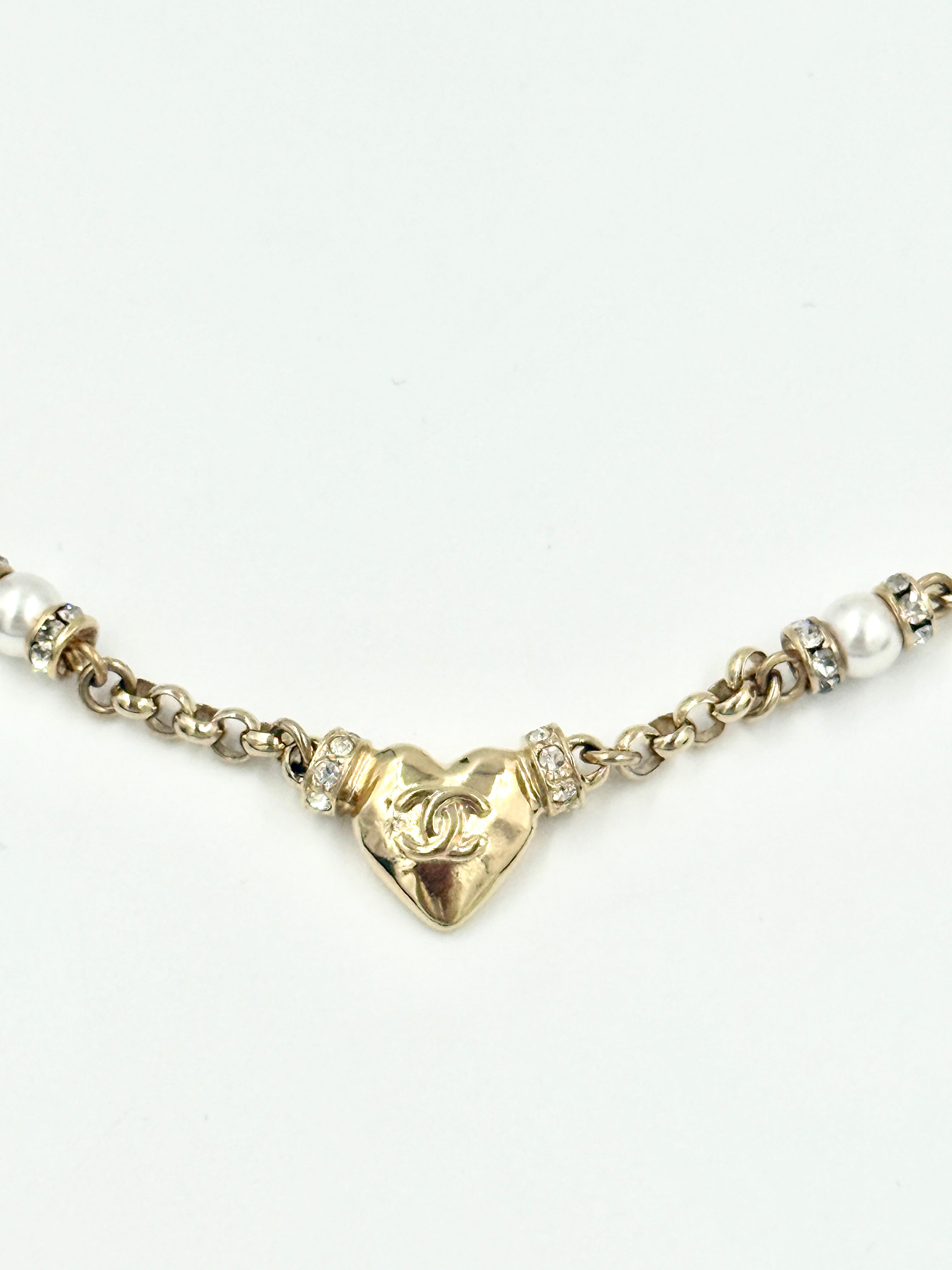 Chanel 24k Gold Plated CC Heart Pendant Necklace with Strass Crystals and Pearl Accents Pre Owned Authentic