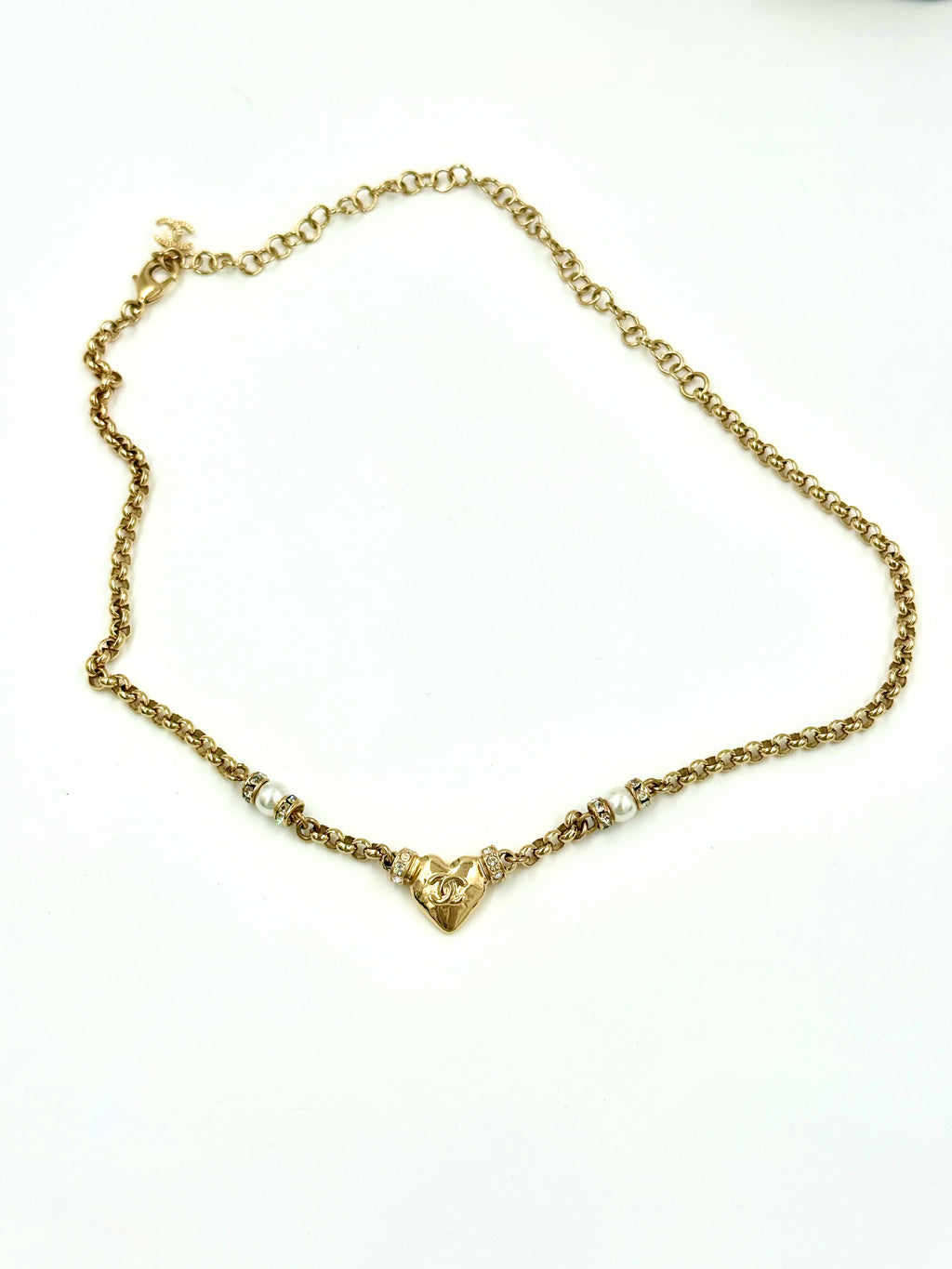 Chanel 24k Gold Plated CC Heart Pendant Necklace with Strass Crystals and Pearl Accents Pre Owned Authentic