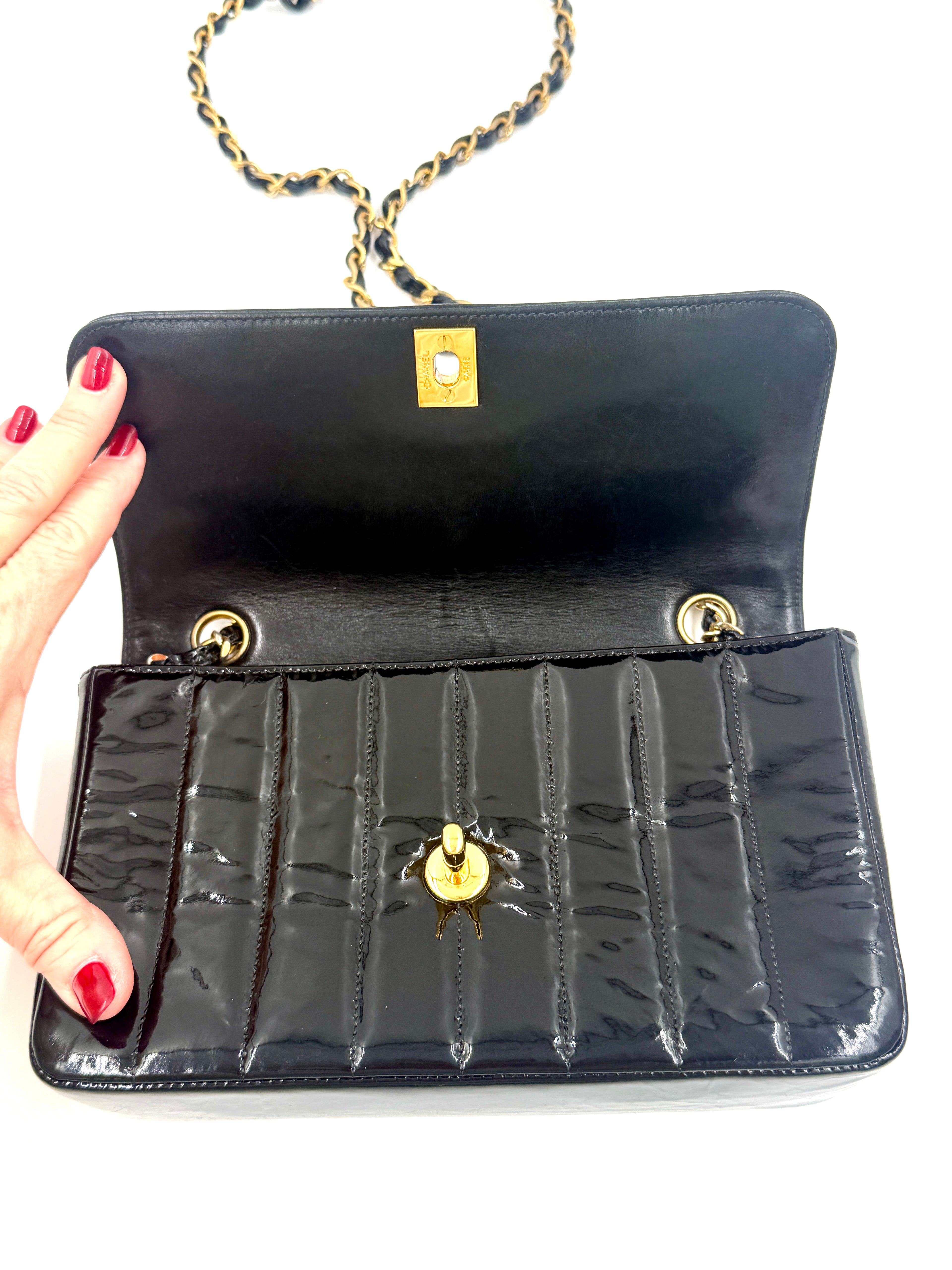 Chanel Black Patent Leather Mademoiselle Bag Pre Owned Authentic