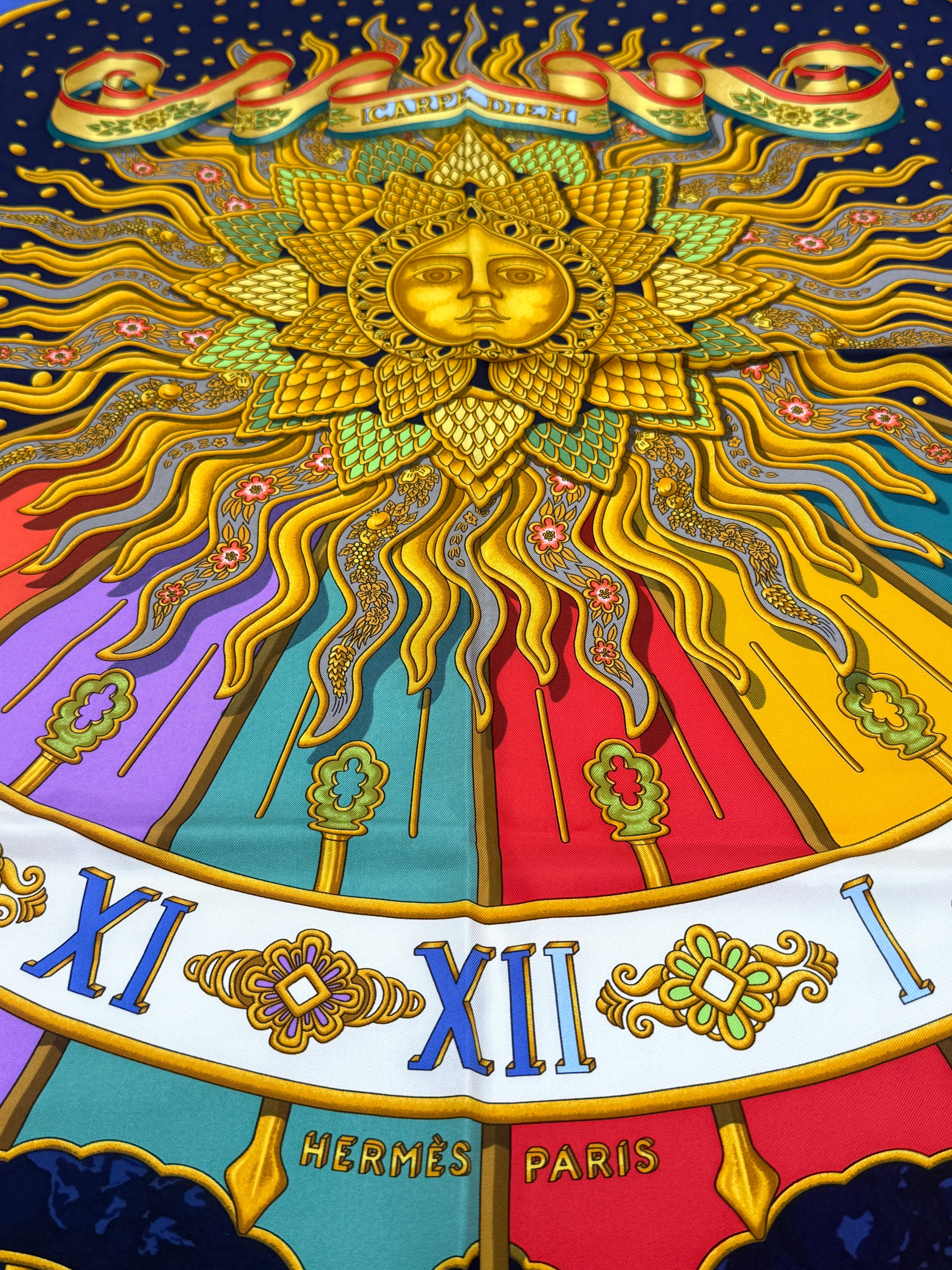 Hermès Vintage Silk Scarf "Carpe Diem" by Joachim Metz Pre Owned Authentic