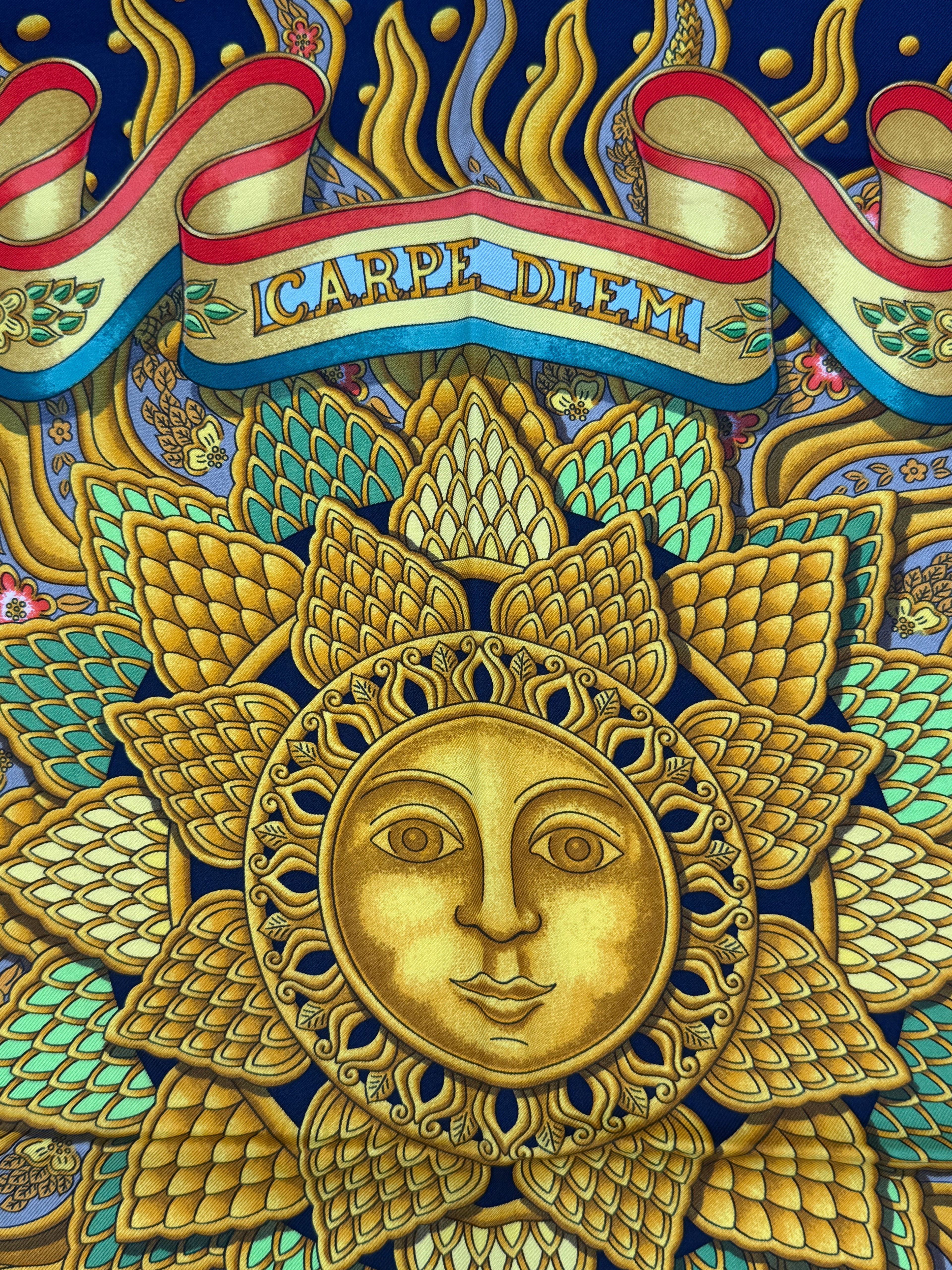 Hermès Vintage Silk Scarf "Carpe Diem" by Joachim Metz Pre Owned Authentic