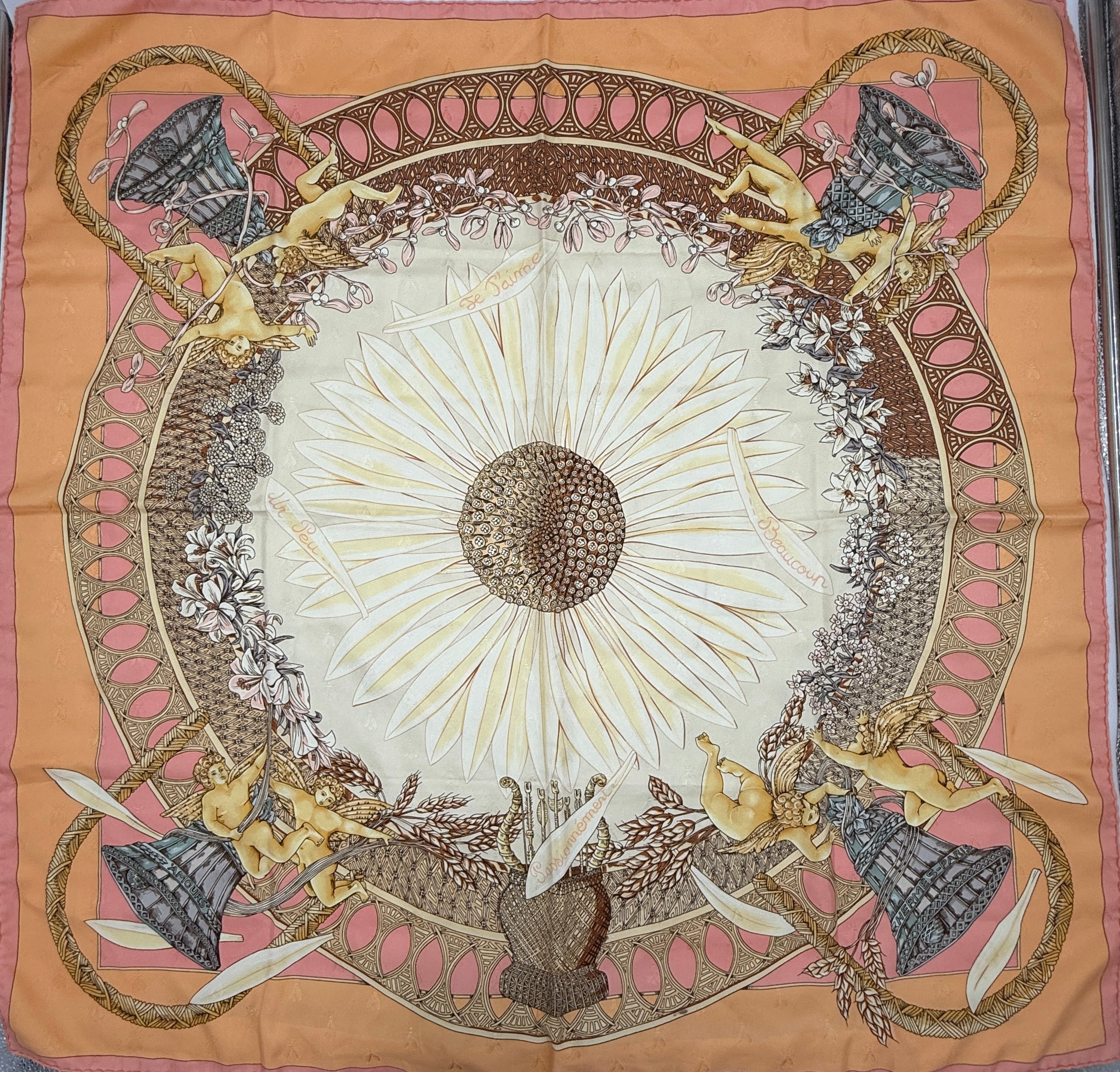 Hermes Silk Jacquard  Le Carre Scarf "Amours" by Annie Faivre Pre Owned Authentic