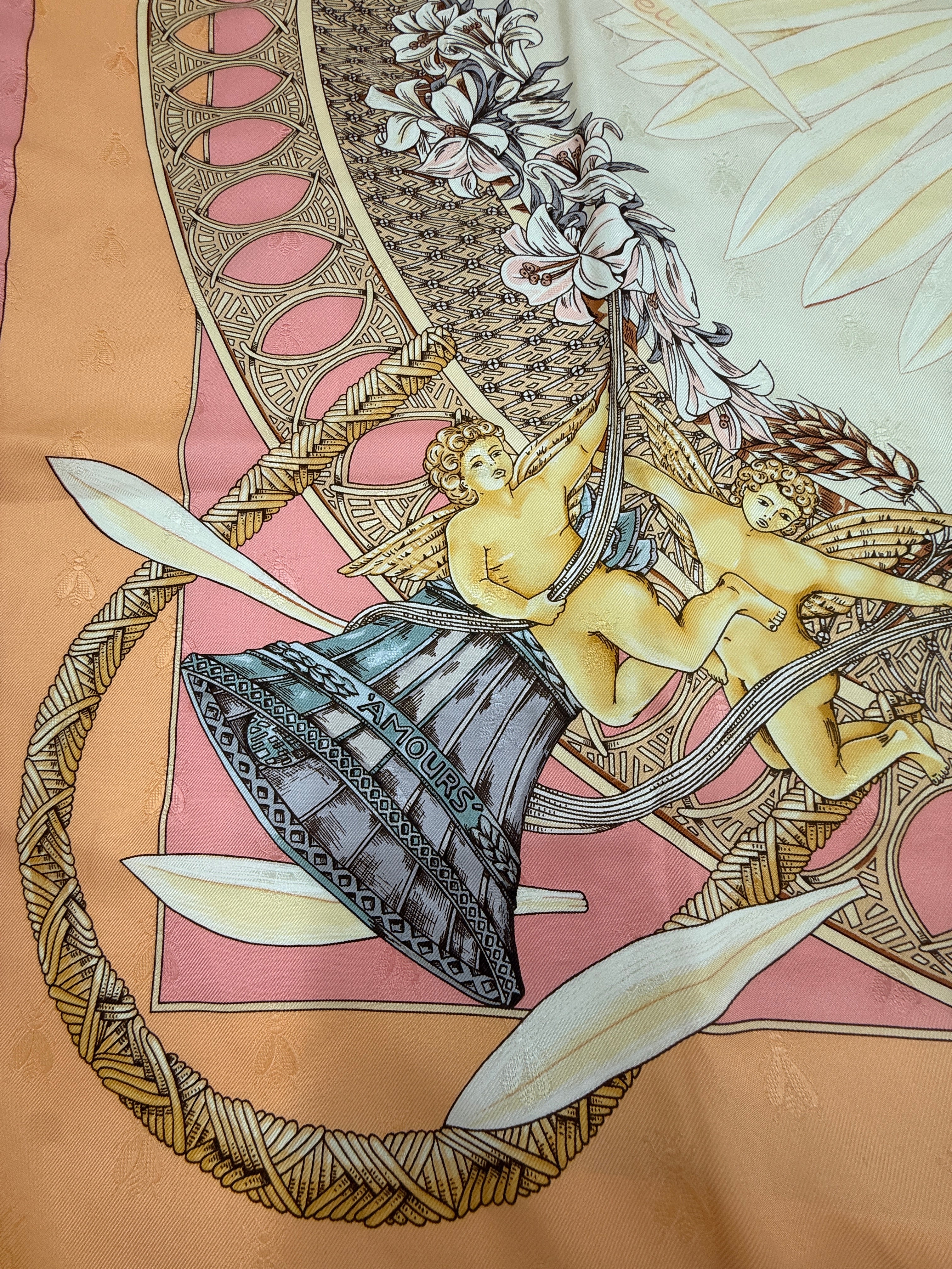 Hermes Silk Jacquard  Le Carre Scarf "Amours" by Annie Faivre Pre Owned Authentic