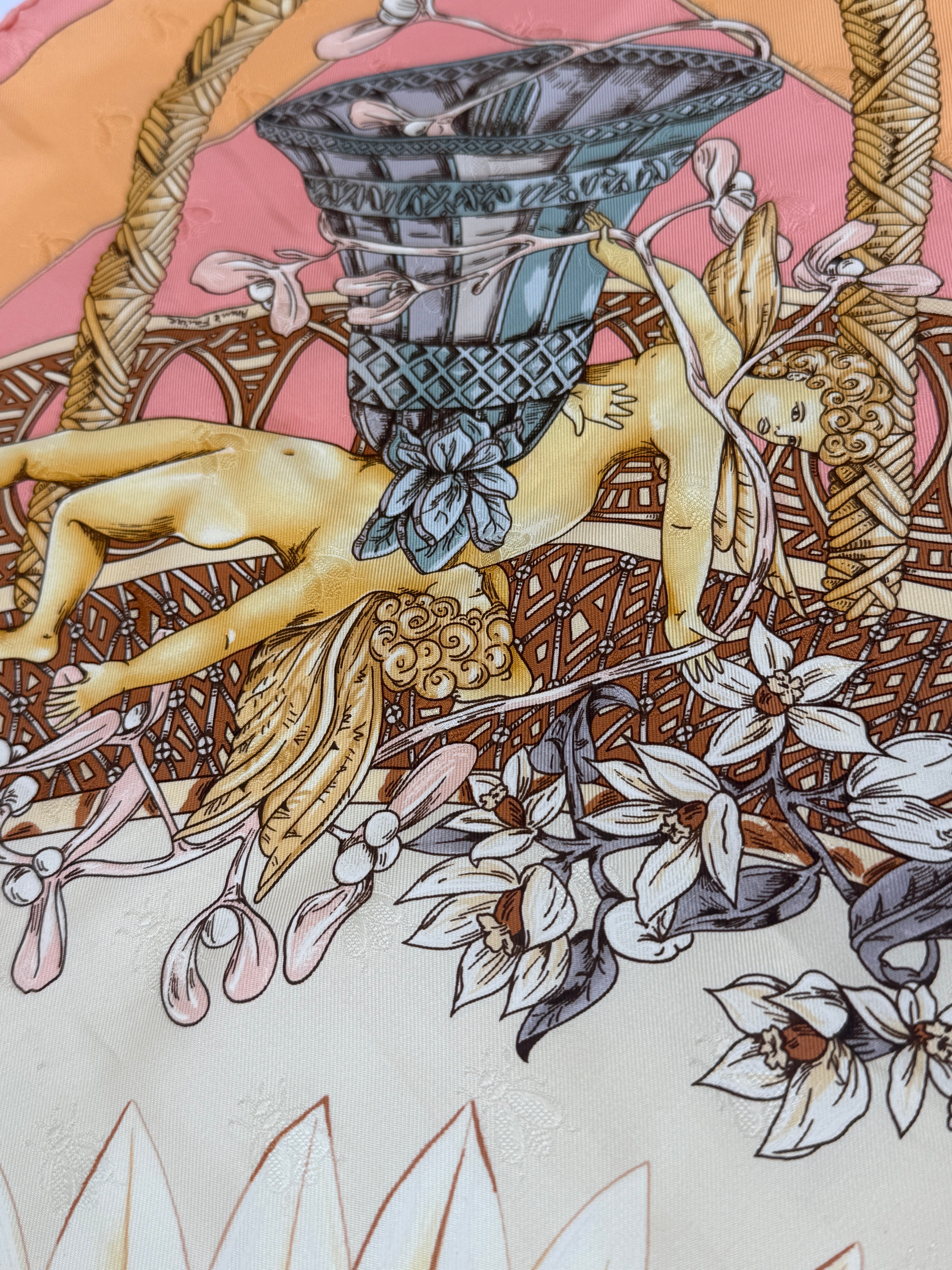 Hermes Silk Jacquard  Le Carre Scarf "Amours" by Annie Faivre Pre Owned Authentic