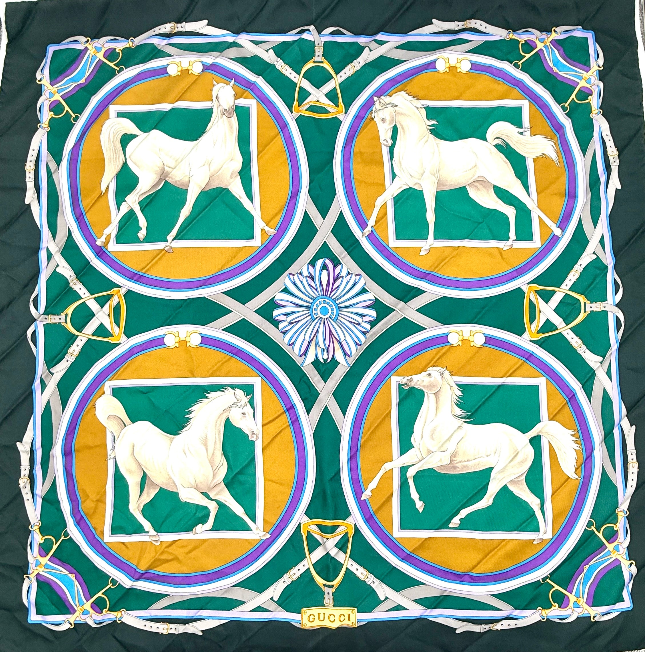 Gucci Silk Scarf Equestrian Print White Stallions Pre Owned Authentic