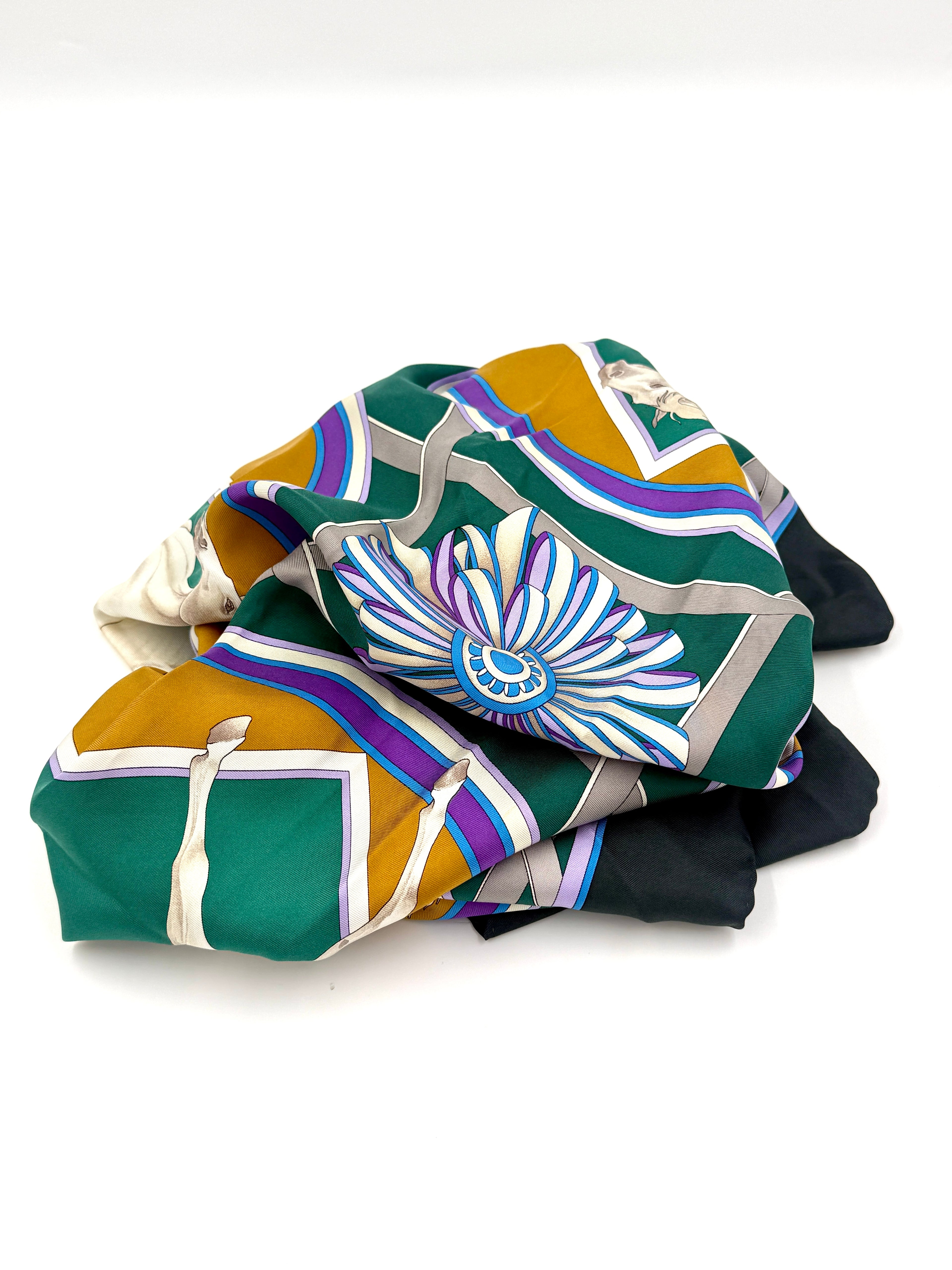 Gucci Silk Scarf Equestrian Print White Stallions Pre Owned Authentic