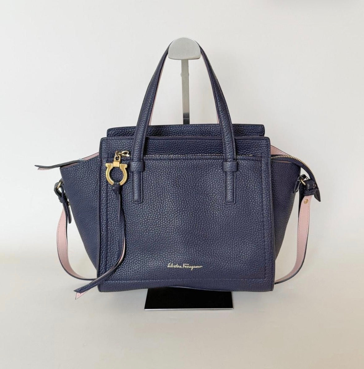 Salvatore Ferragamo Navy Blue AMY Tote with Detachable Crossbody Strap - Pre Owned Authentic
